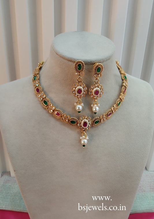 Ruby Green Gold Polki Necklace Jewellery Delta Set