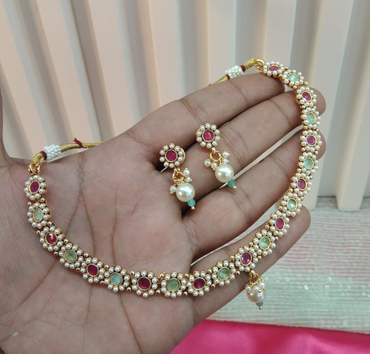 Ruby Pista Gold Polki Necklace Jewellery Delta Set