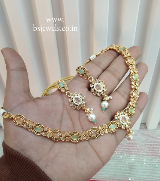 Pista Peach Gold Polki Necklace Jewellery Delta Set