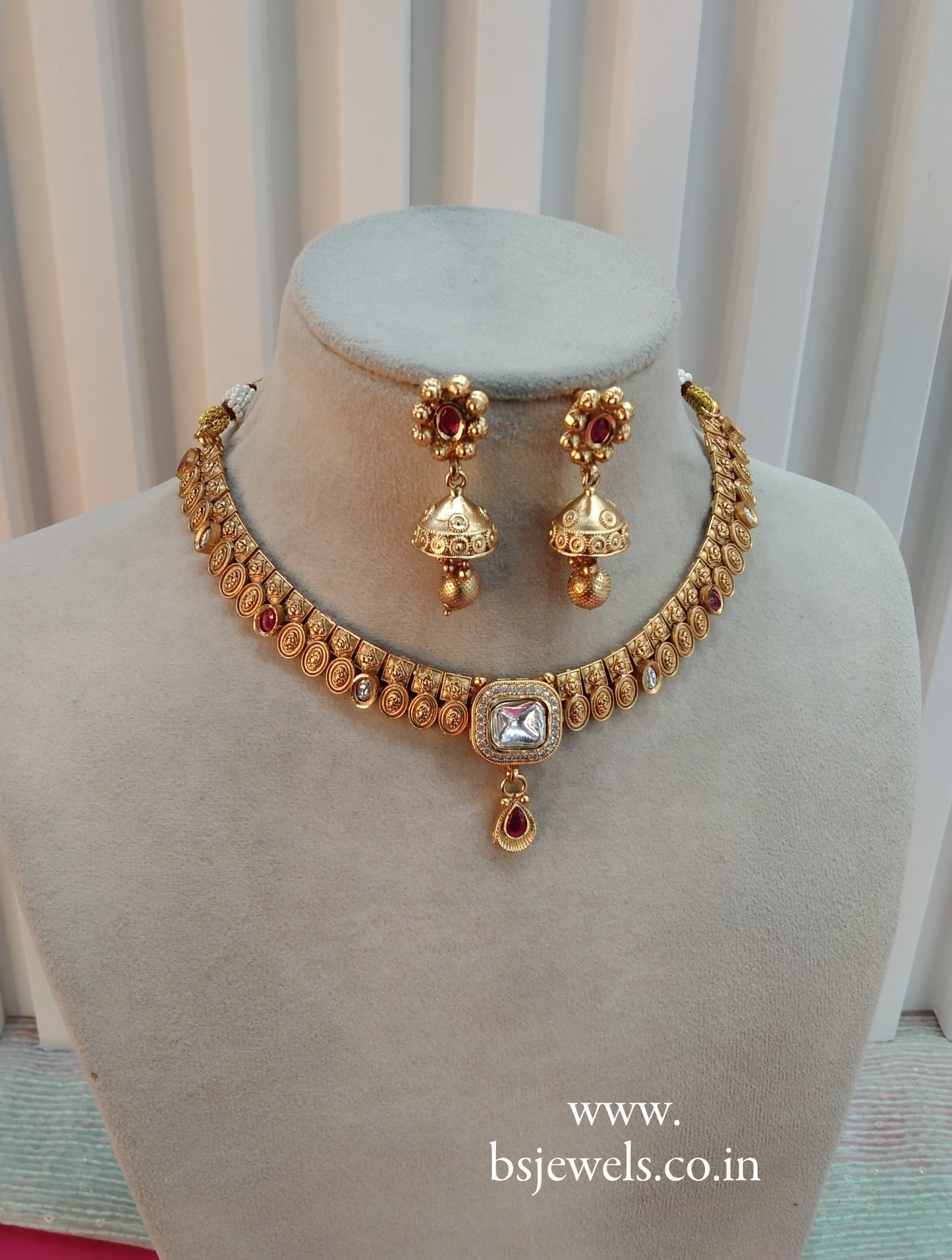 Ruby Gold Polki Jhumki Necklace Jewellery Delta Set