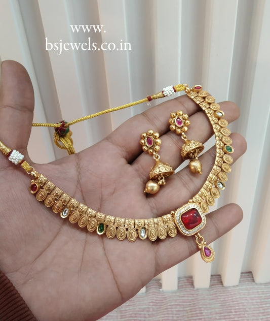 Ruby Green Gold Polki Jhumki Necklace Jewellery Delta Set