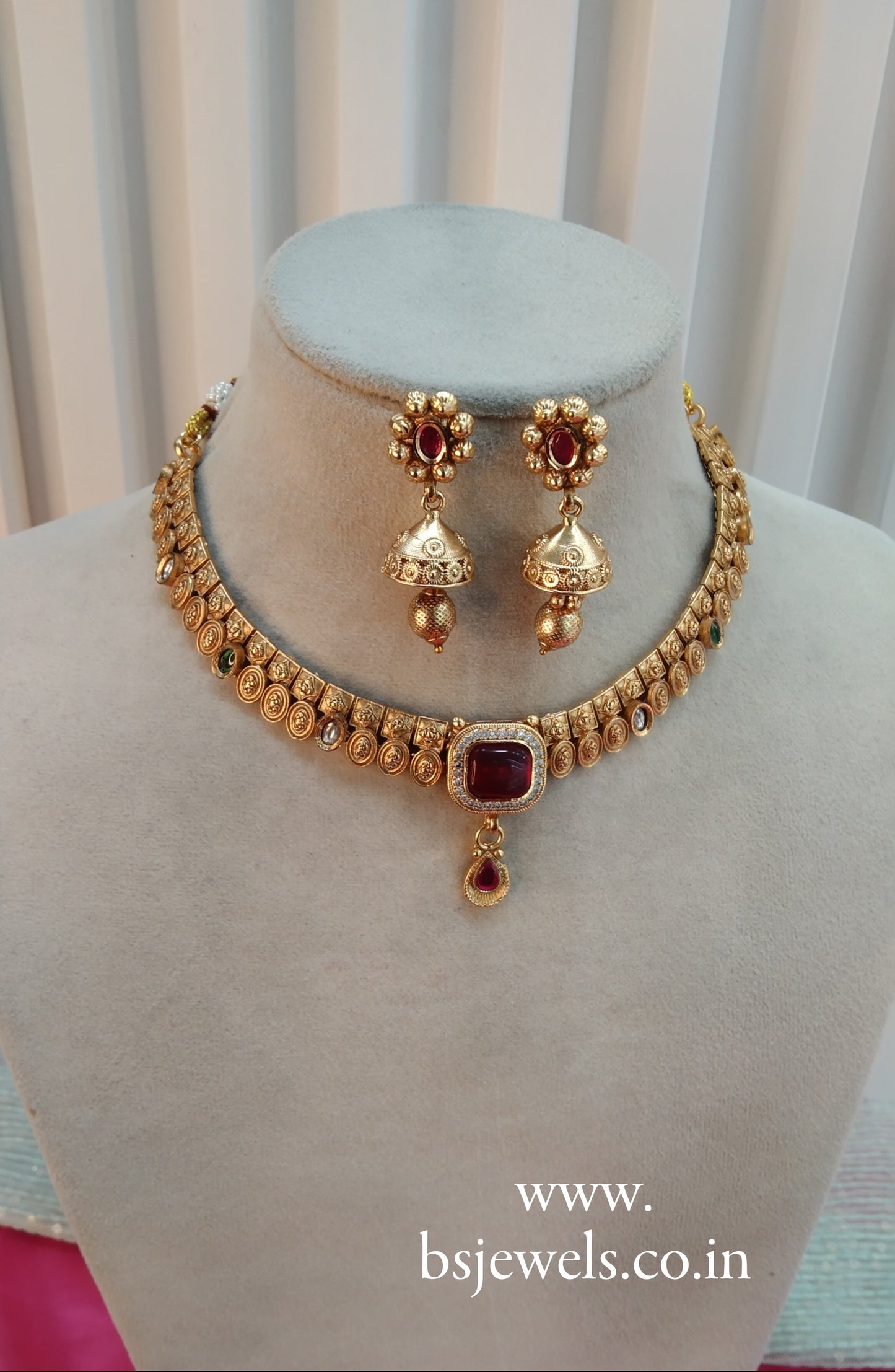 Ruby Green Gold Polki Jhumki Necklace Jewellery Delta Set