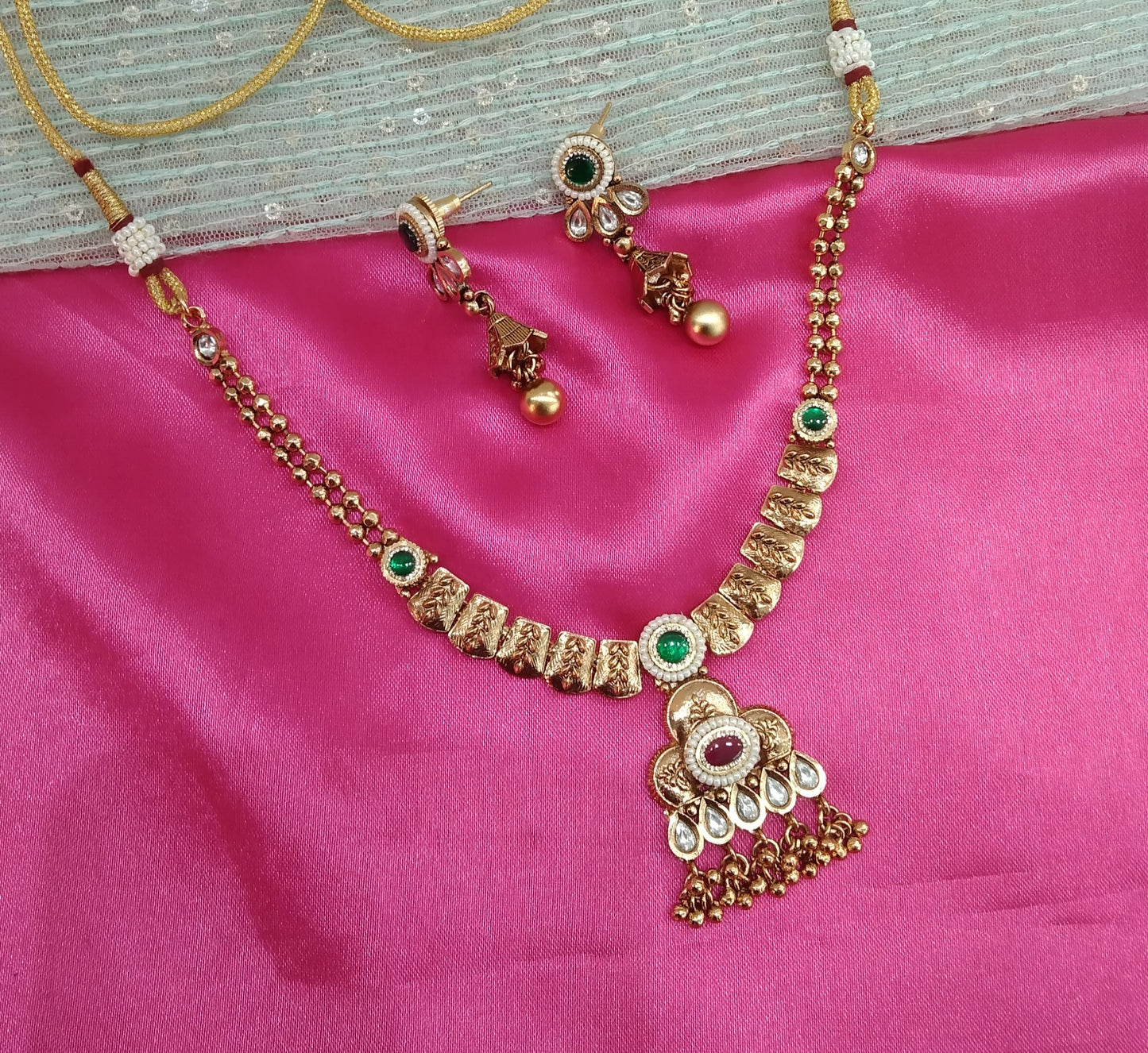 Ruby Green Gold Polki Jhumki Necklace Jewellery Delta Set