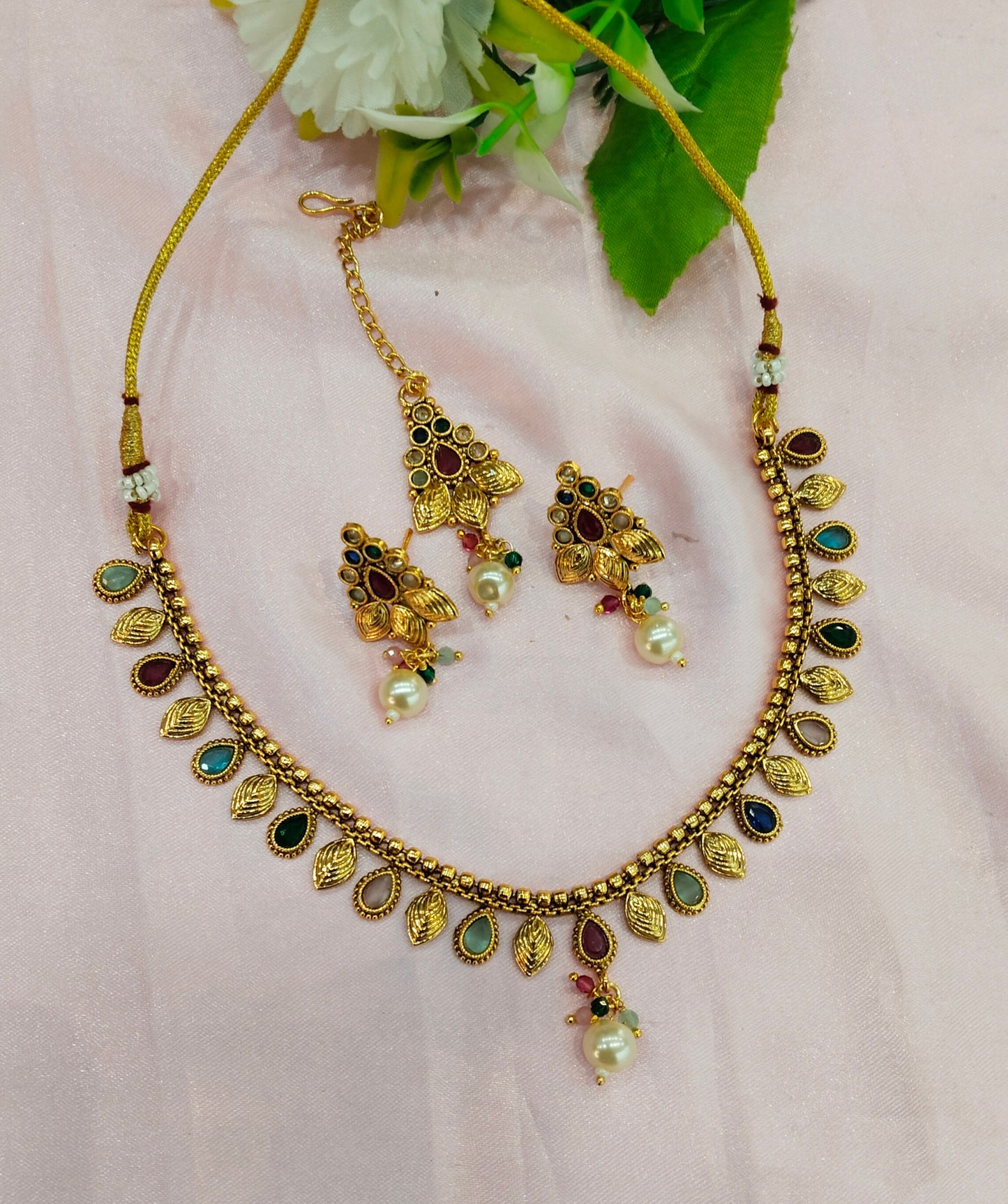 Multi Colour Gold Polki Necklace Jewellery Studio Set
