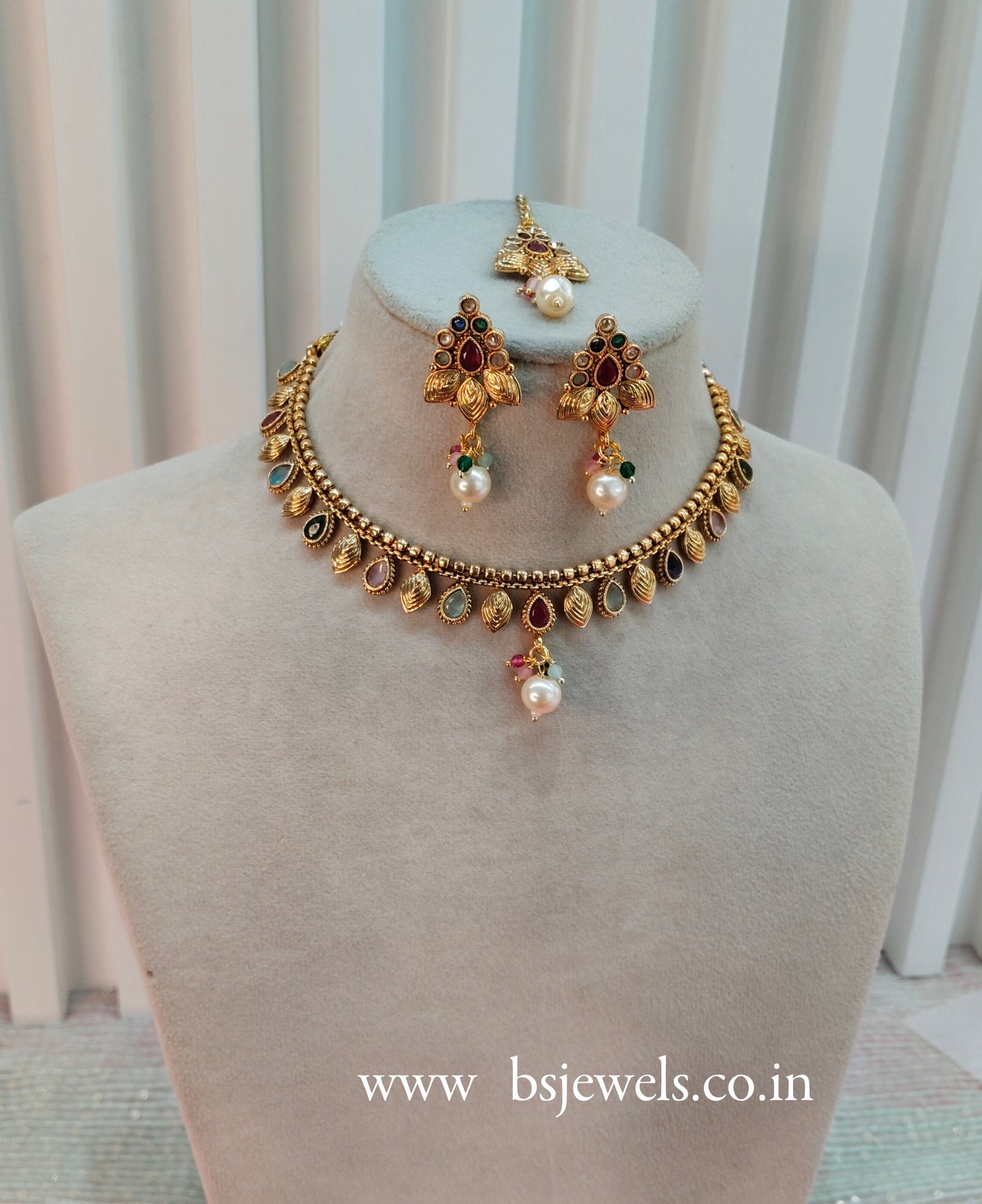 Multi Colour Gold Polki Necklace Jewellery Studio Set