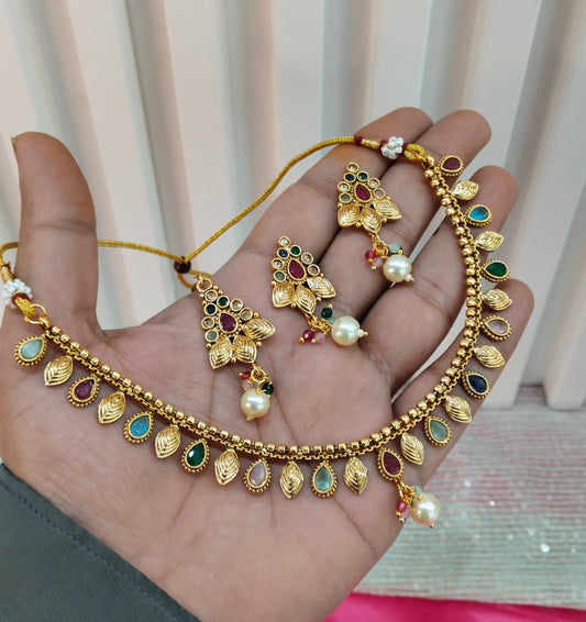 Multi Colour Gold Polki Necklace Jewellery Studio Set