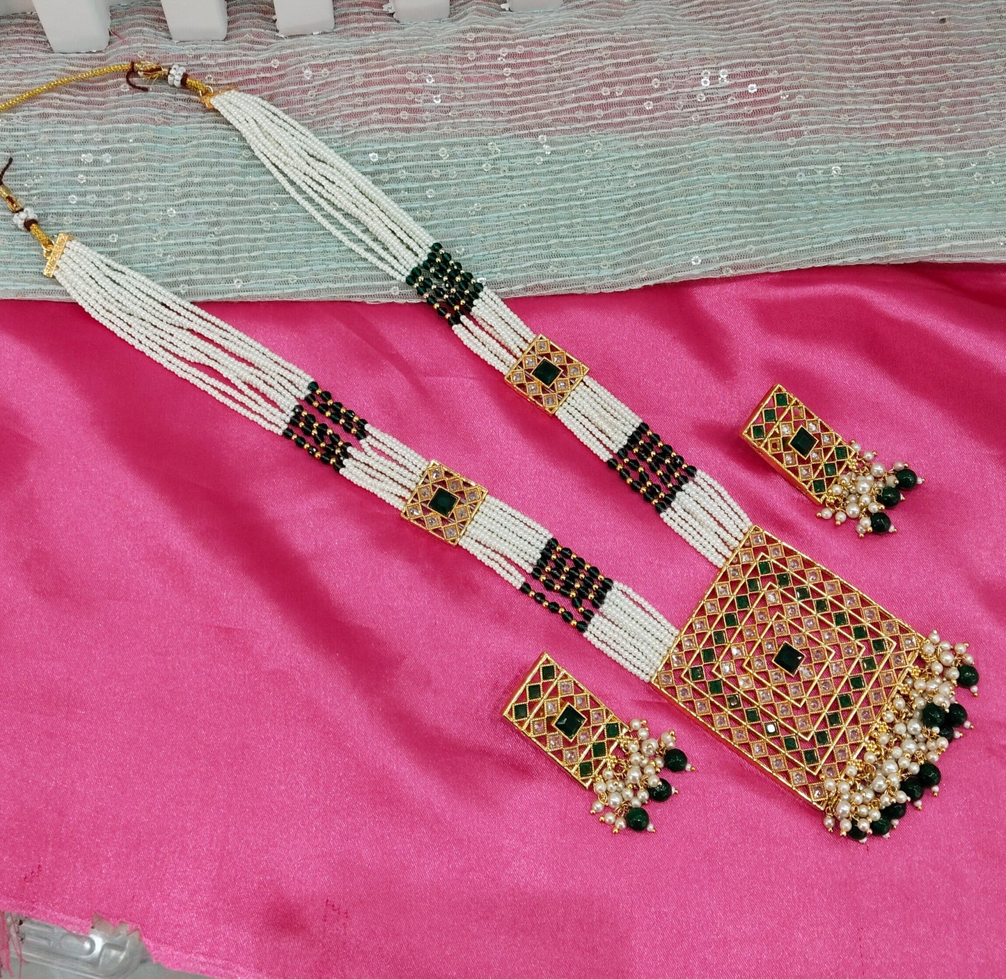 Green Gold Polki Long Rani Haar Necklace Jewellery Set