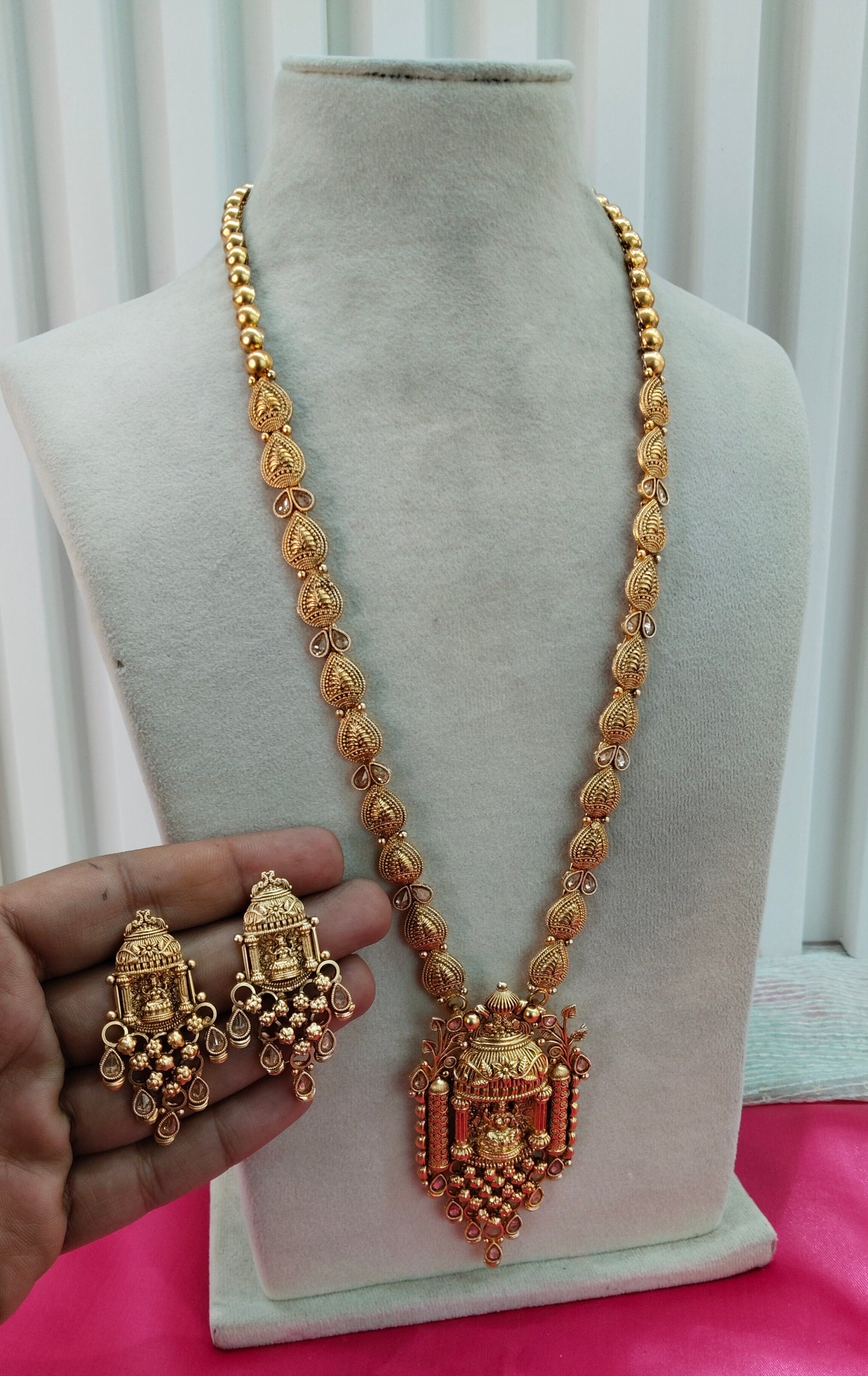 Gold Polki Long Rani Haar Necklace Temple Jewellery Set