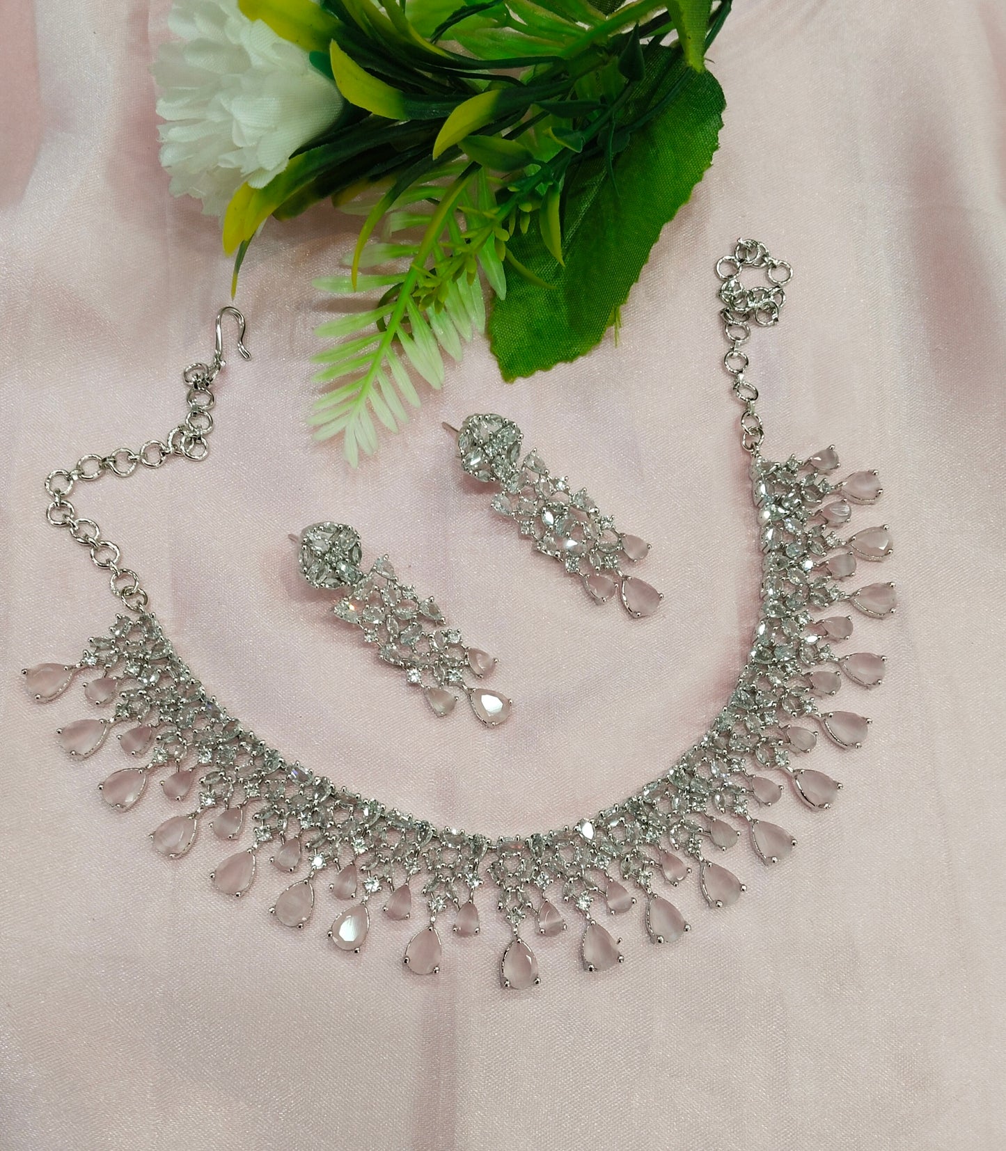 Pink Silver CZ Necklace Jewellery Auj Set