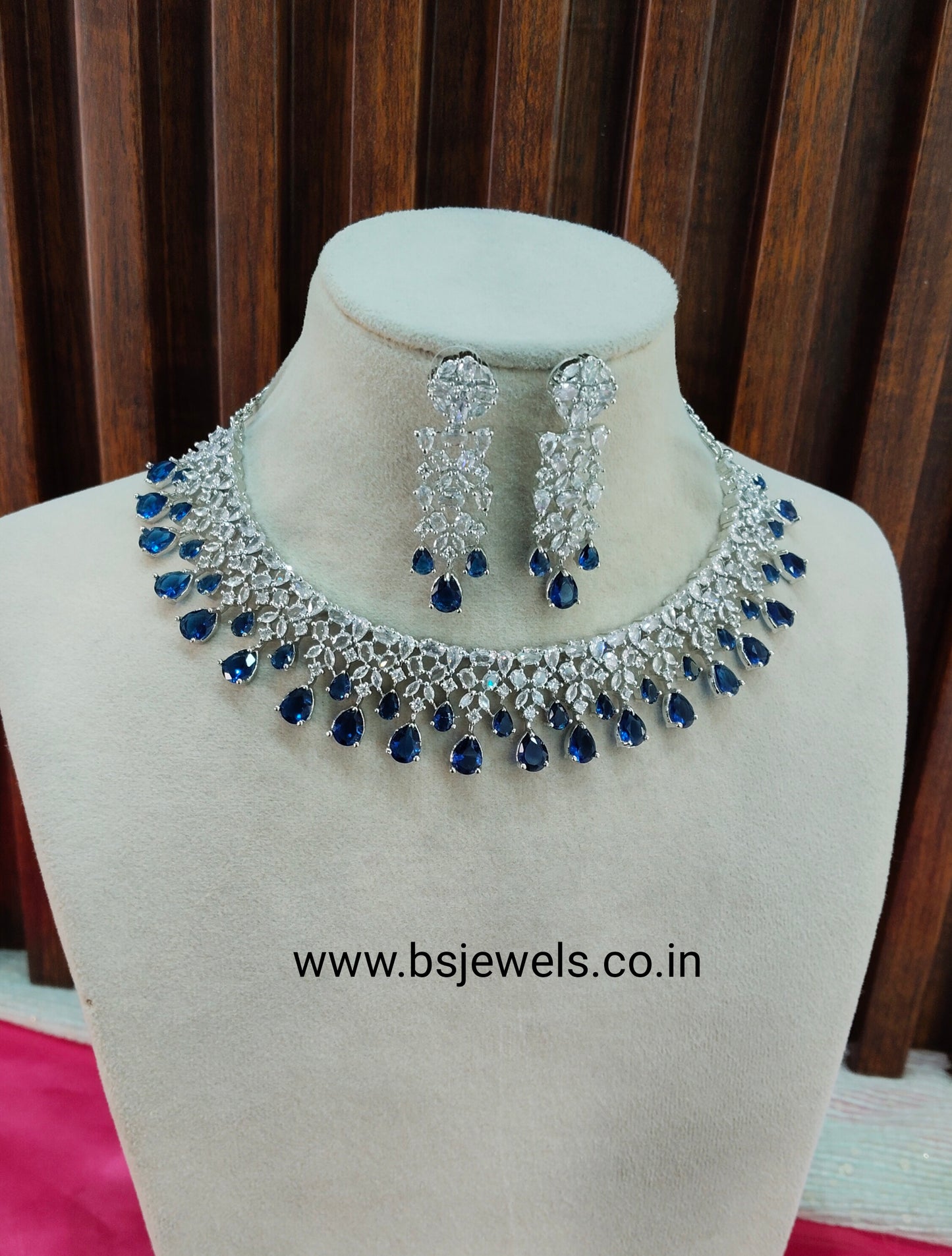 Blue Silver CZ Necklace Jewellery Auj Set