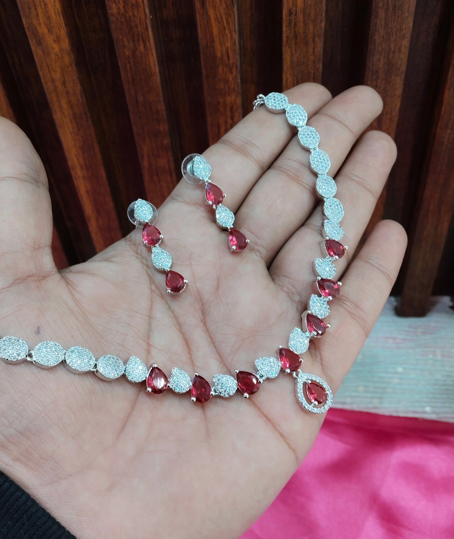 Ruby Silver CZ Necklace Jewellery Karn Set