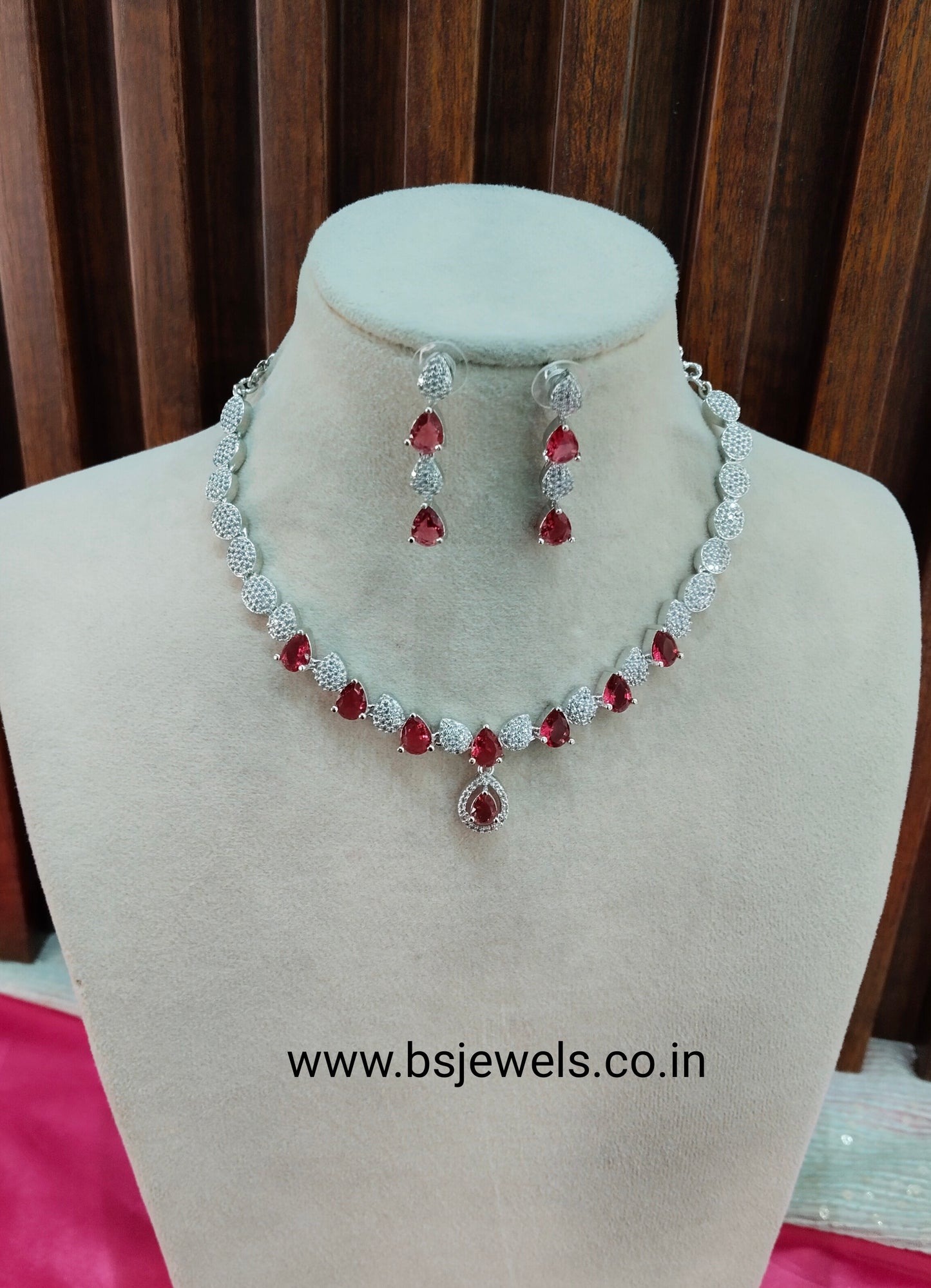 Ruby Silver CZ Necklace Jewellery Karn Set