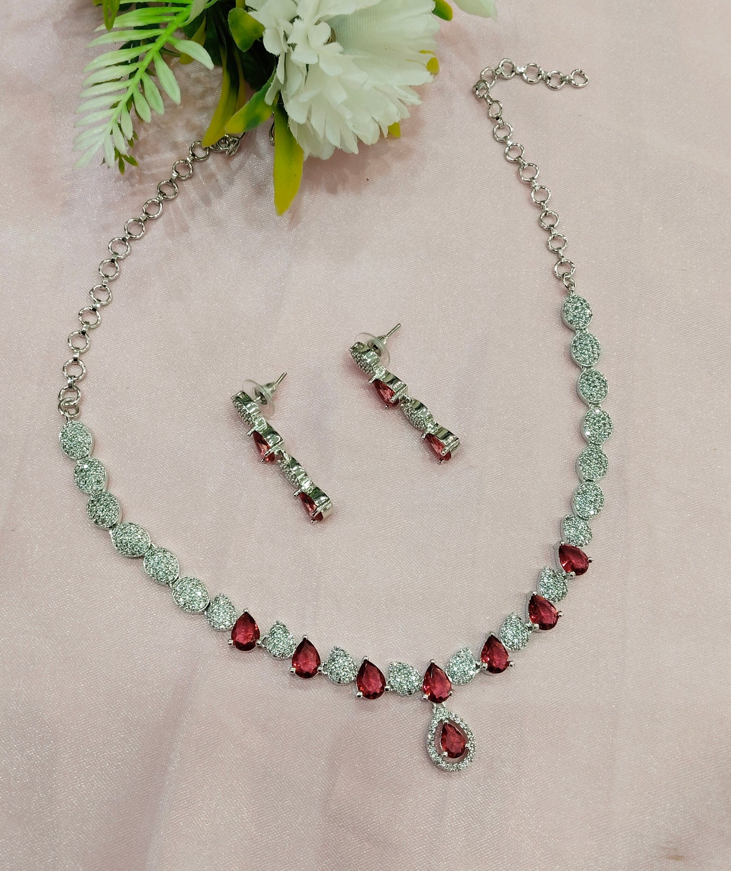 Ruby Silver CZ Necklace Jewellery Karn Set