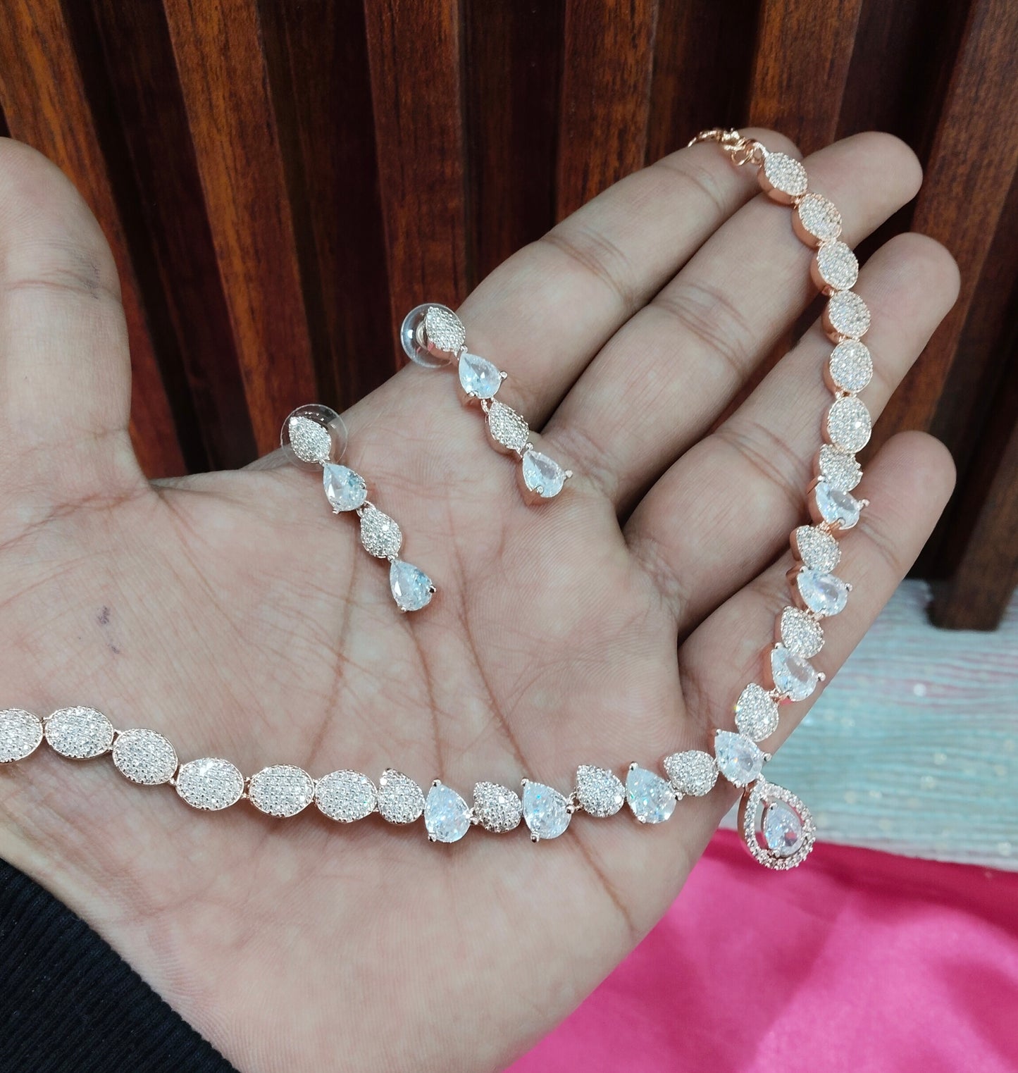 Rose White Silver CZ Necklace Jewellery Karn Set