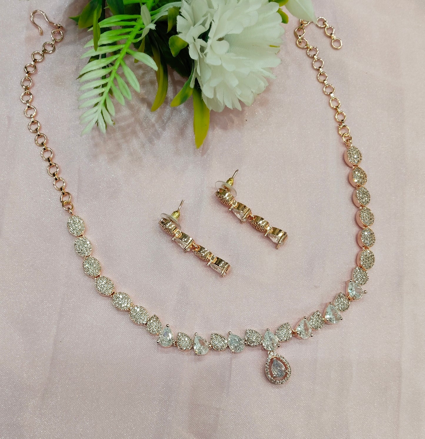 Rose White Silver CZ Necklace Jewellery Karn Set