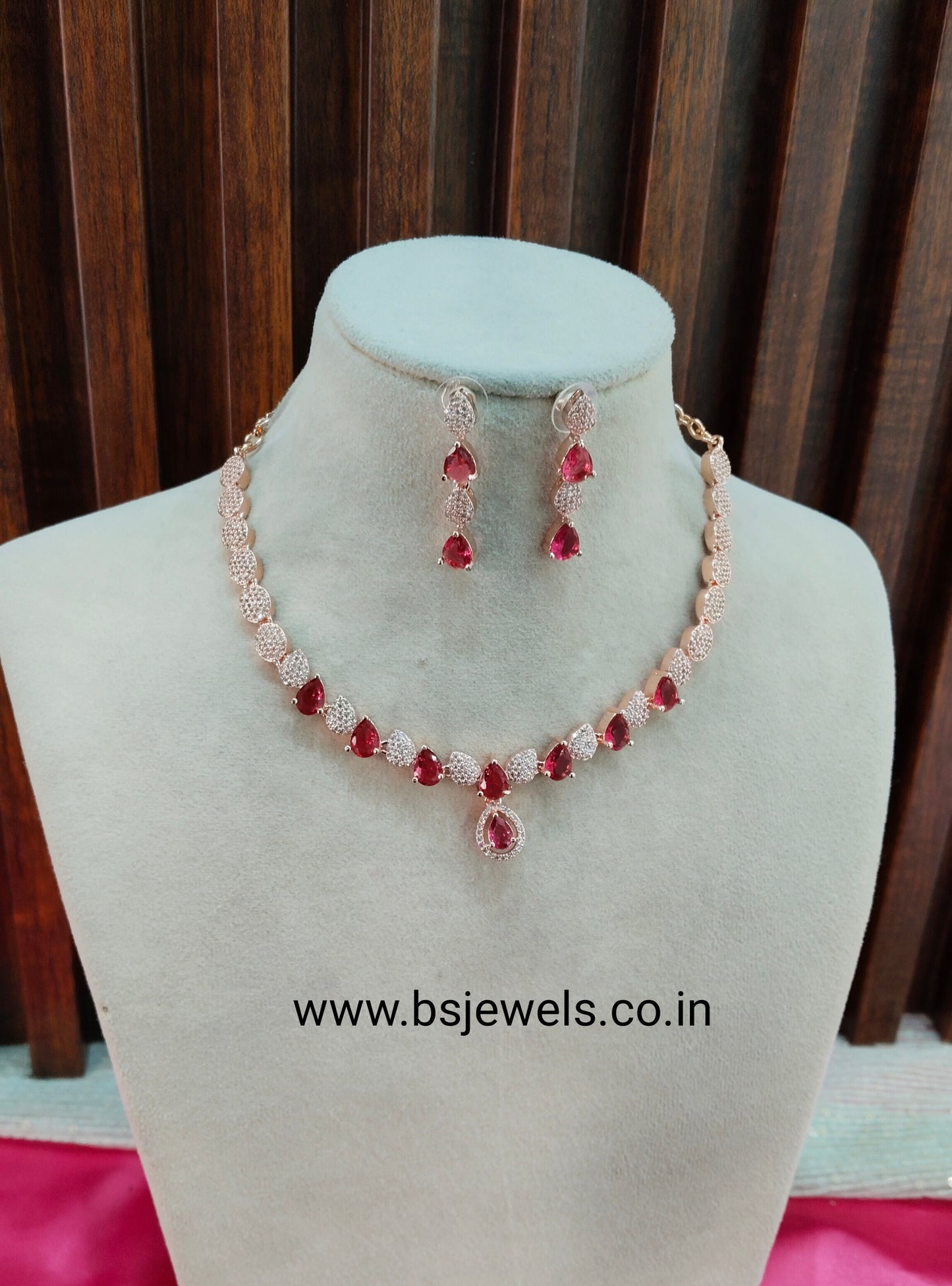 Rose Ruby Silver CZ Necklace Jewellery Karn Set