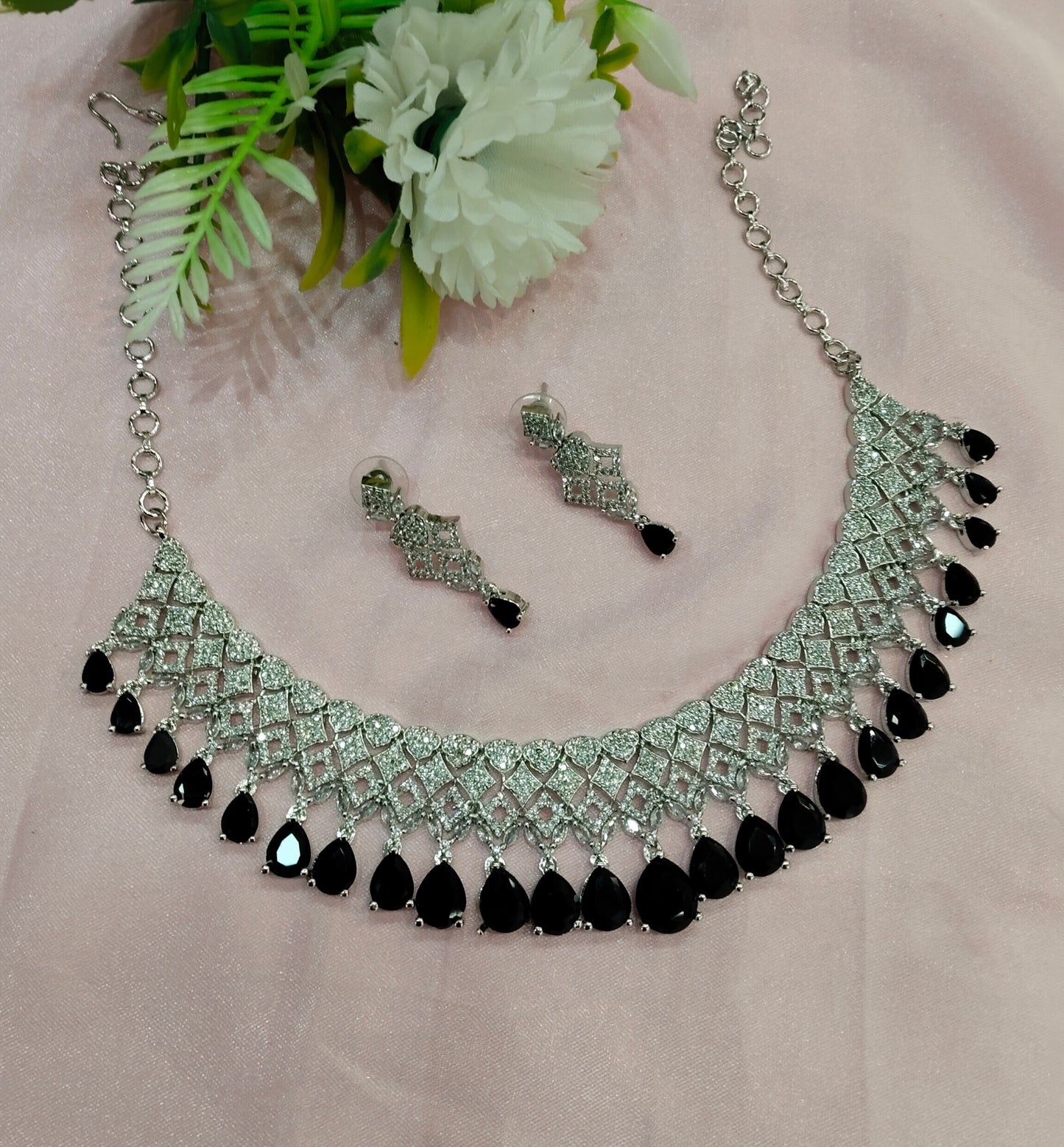 Black Silver CZ Necklace Jewellery Rich Set
