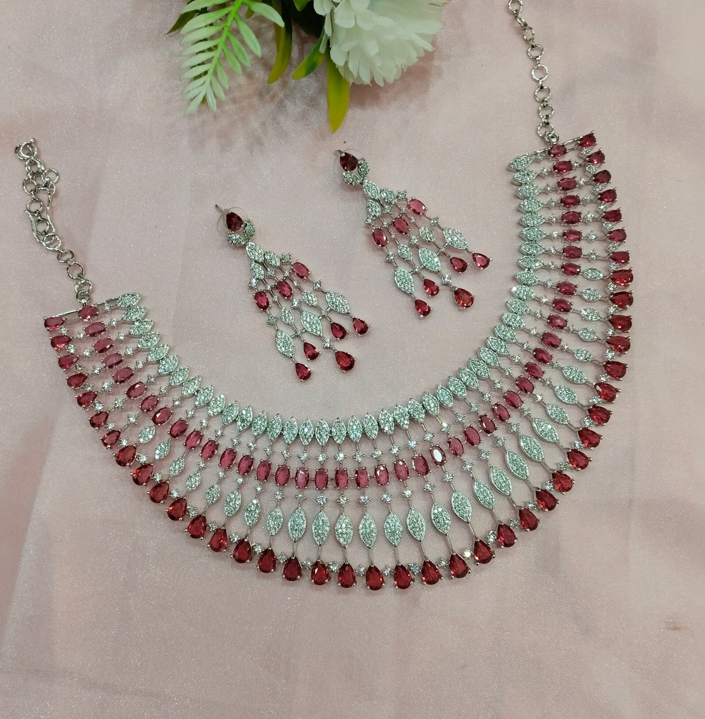 Ruby Silver CZ Necklace Jewellery Rich Set