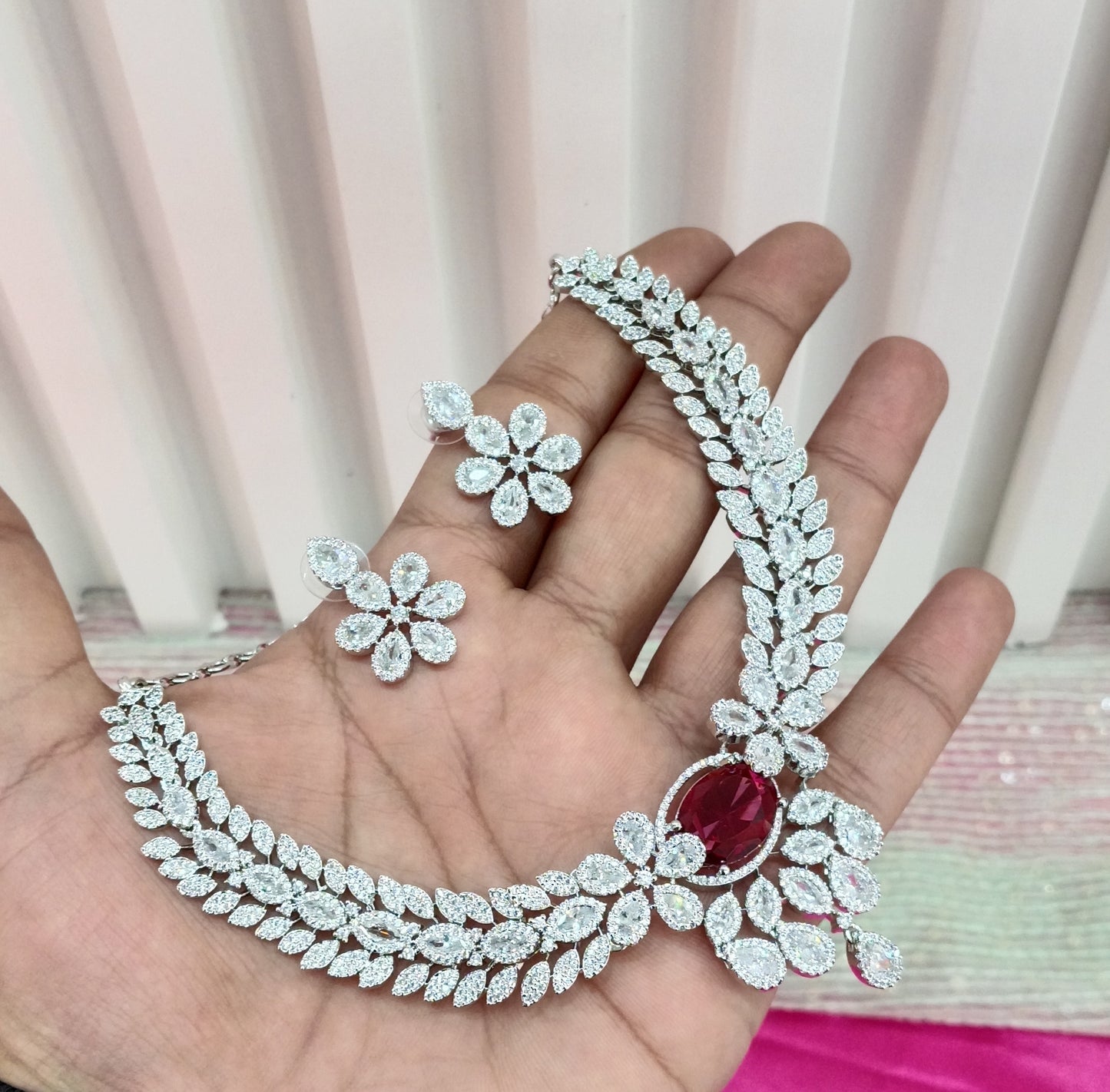 Silver Ruby American Diamond Cz Necklace Jewellery Daljit Set