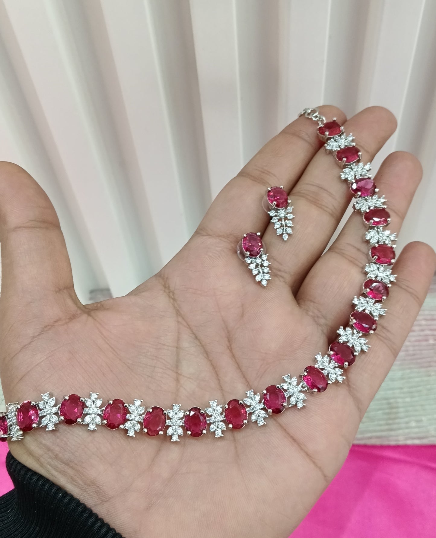 Silver Ruby American Diamond Cz Necklace Jewellery Aujla Set