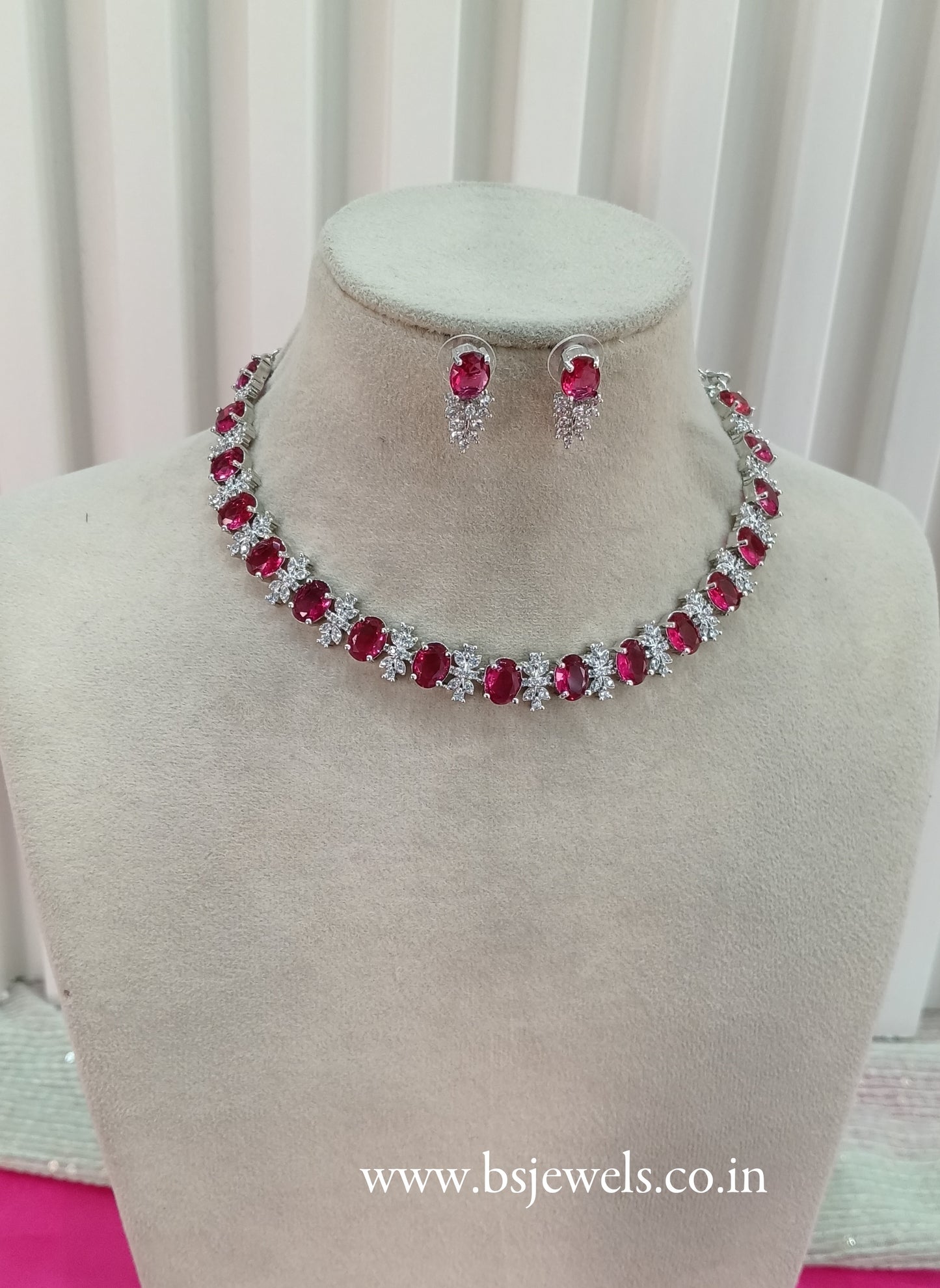 Silver Ruby American Diamond Cz Necklace Jewellery Aujla Set