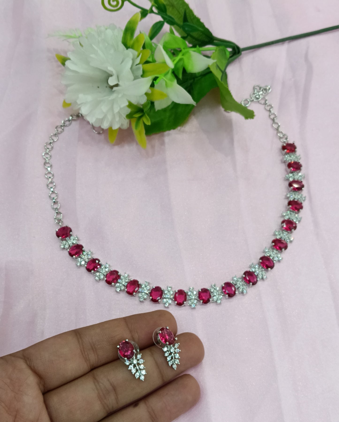 Silver Ruby American Diamond Cz Necklace Jewellery Aujla Set