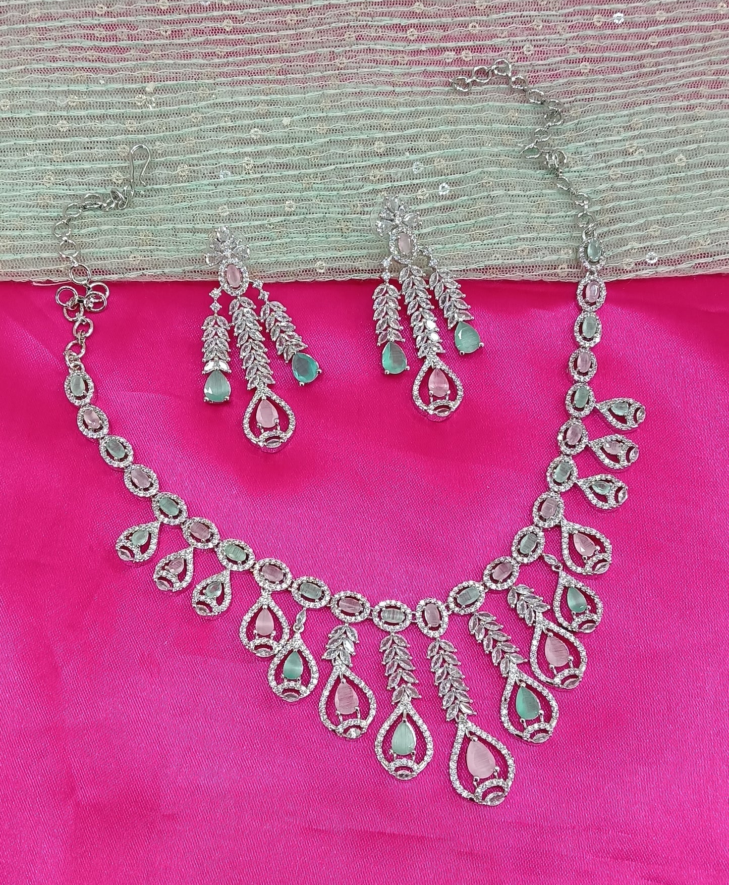 Silver Sea Green Pink American Diamond Cz Necklace Jewellery Micki Set
