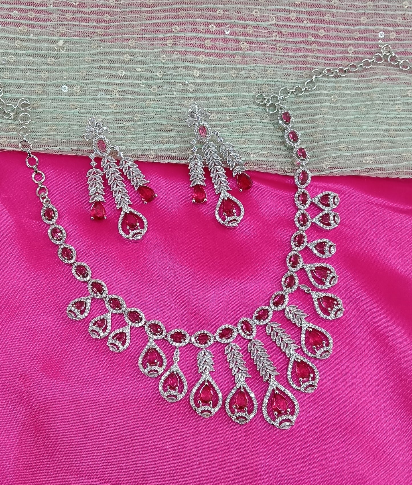 Silver Ruby American Diamond Cz Necklace Jewellery Micki Set