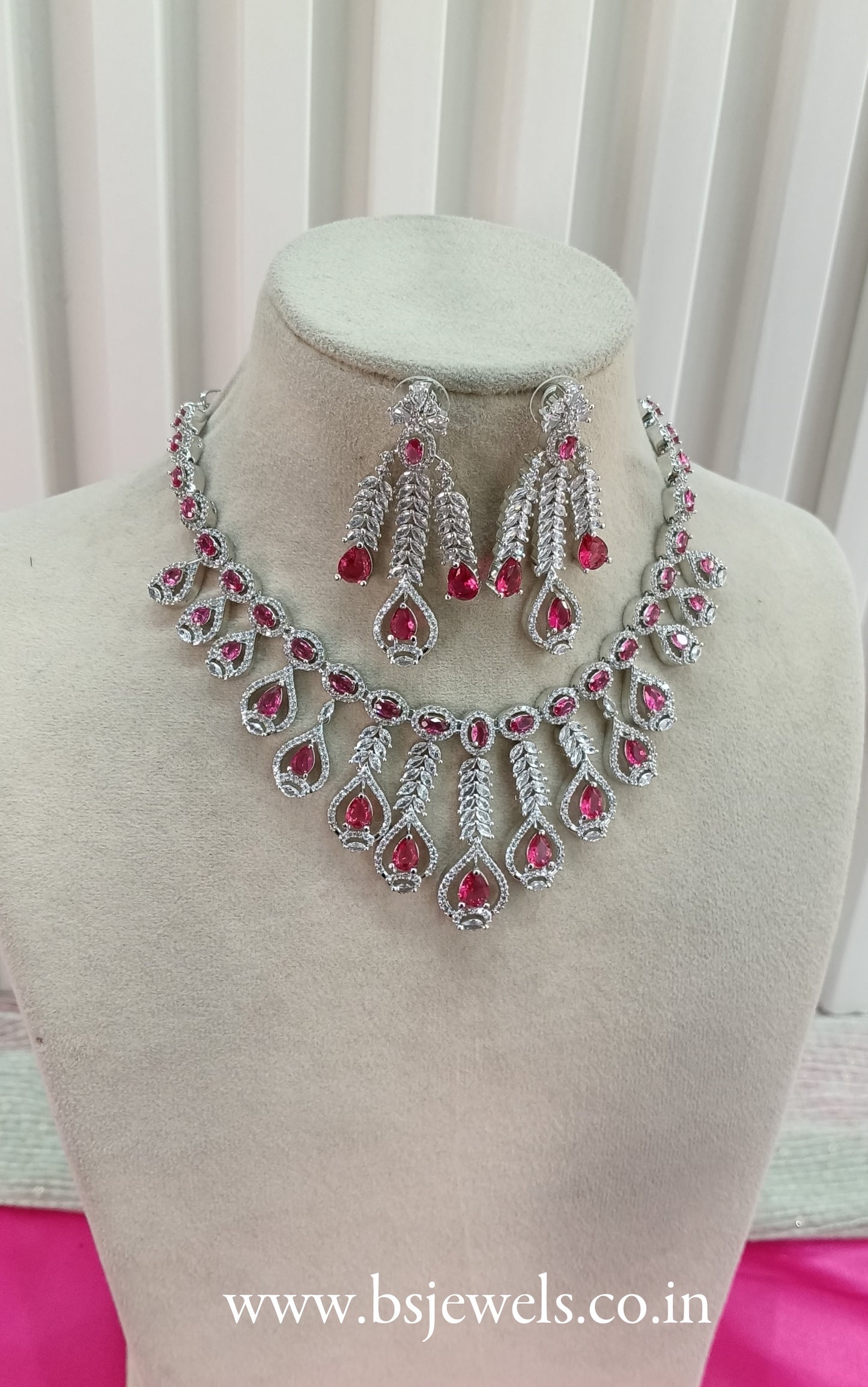 Silver Ruby American Diamond Cz Necklace Jewellery Micki Set