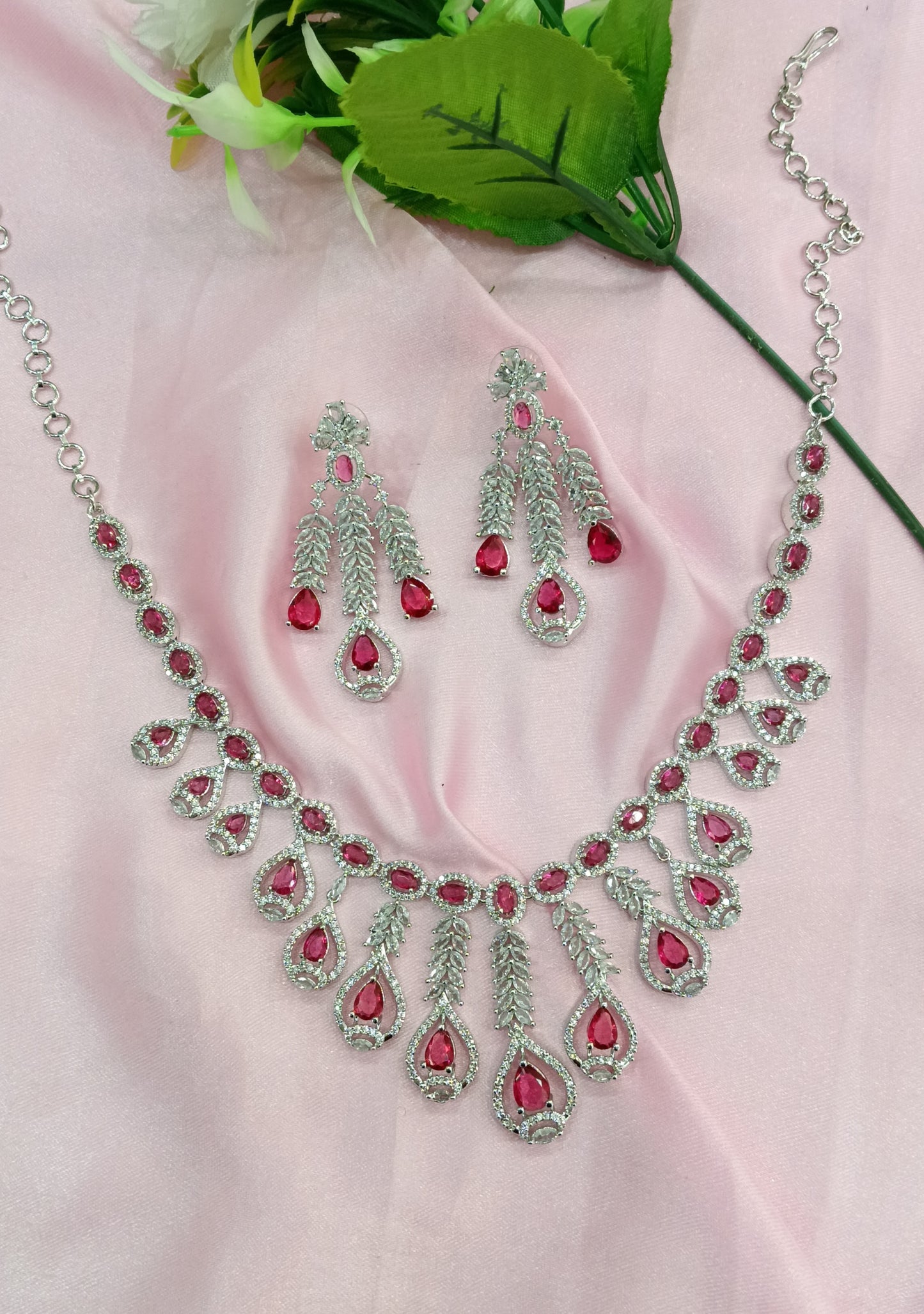 Silver Ruby American Diamond Cz Necklace Jewellery Micki Set