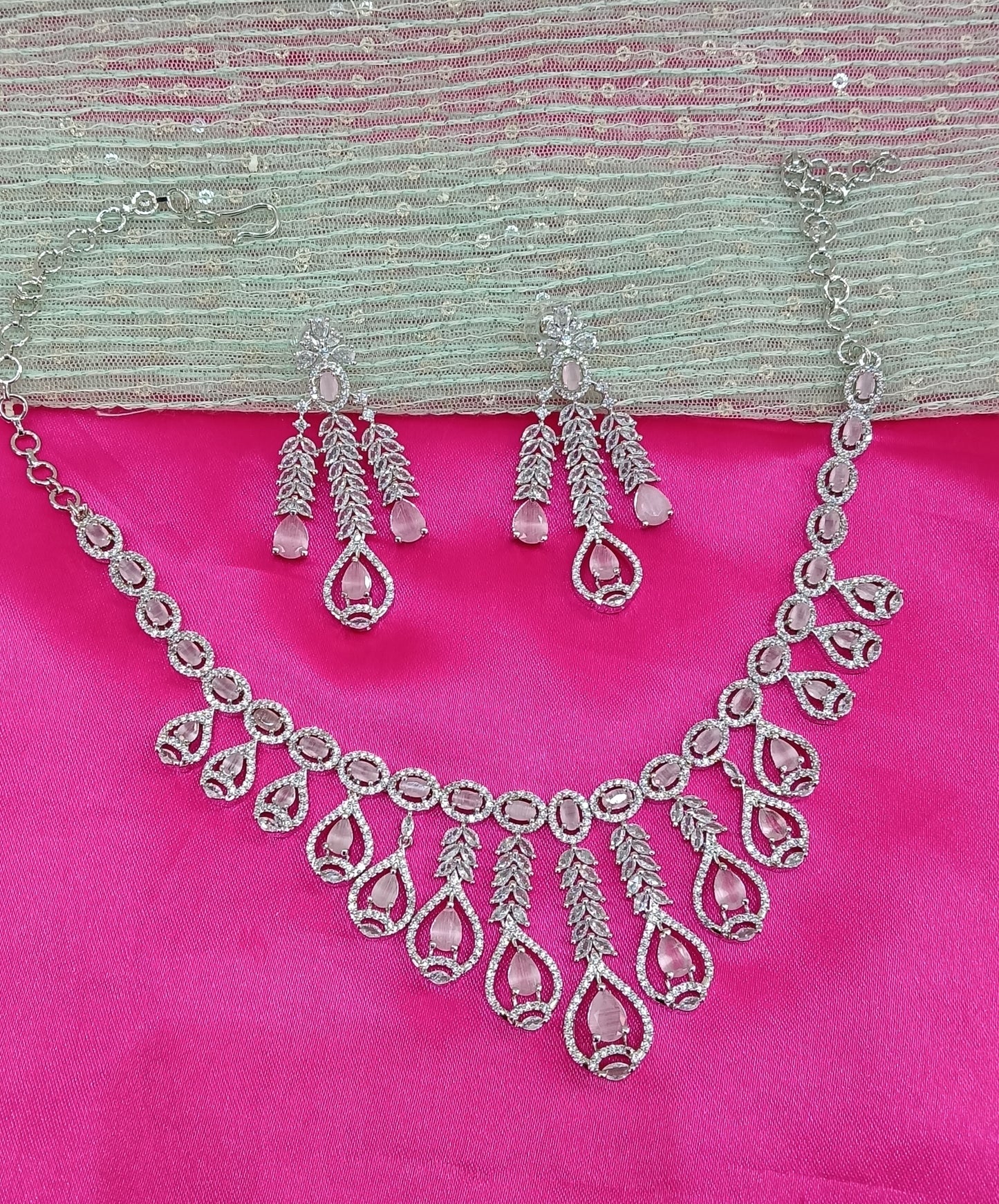 Silver Pink American Diamond Cz Necklace Jewellery Micki Set