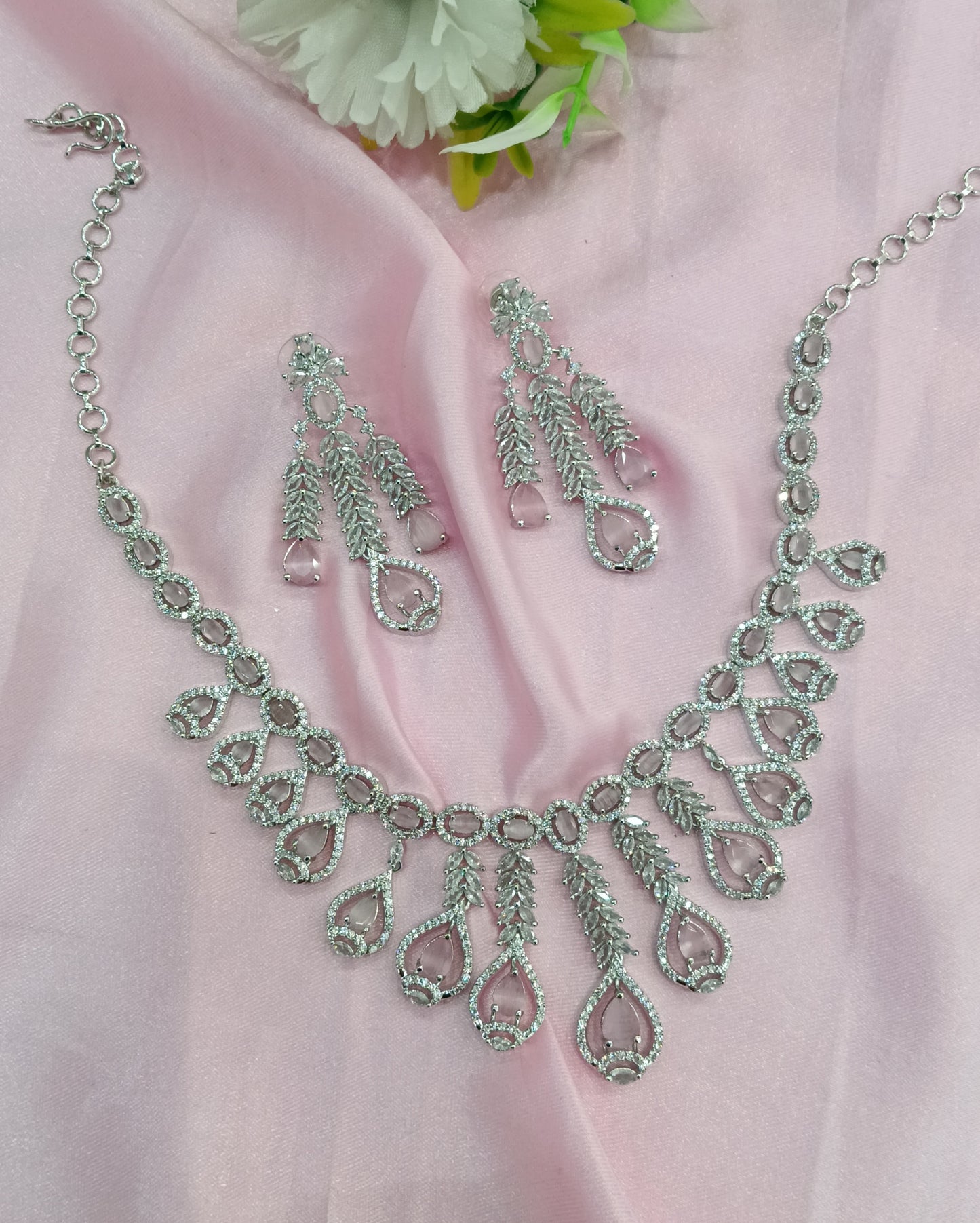Silver Pink American Diamond Cz Necklace Jewellery Micki Set
