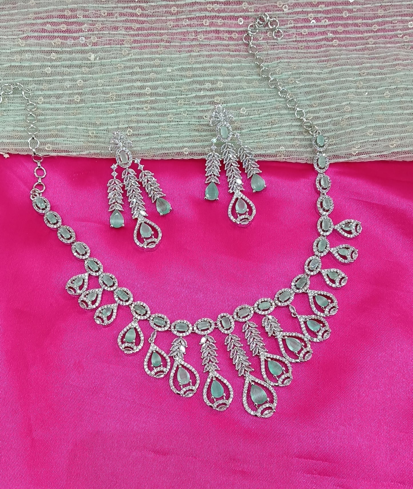 Silver Sea Green American Diamond Cz Necklace Jewellery Micki Set