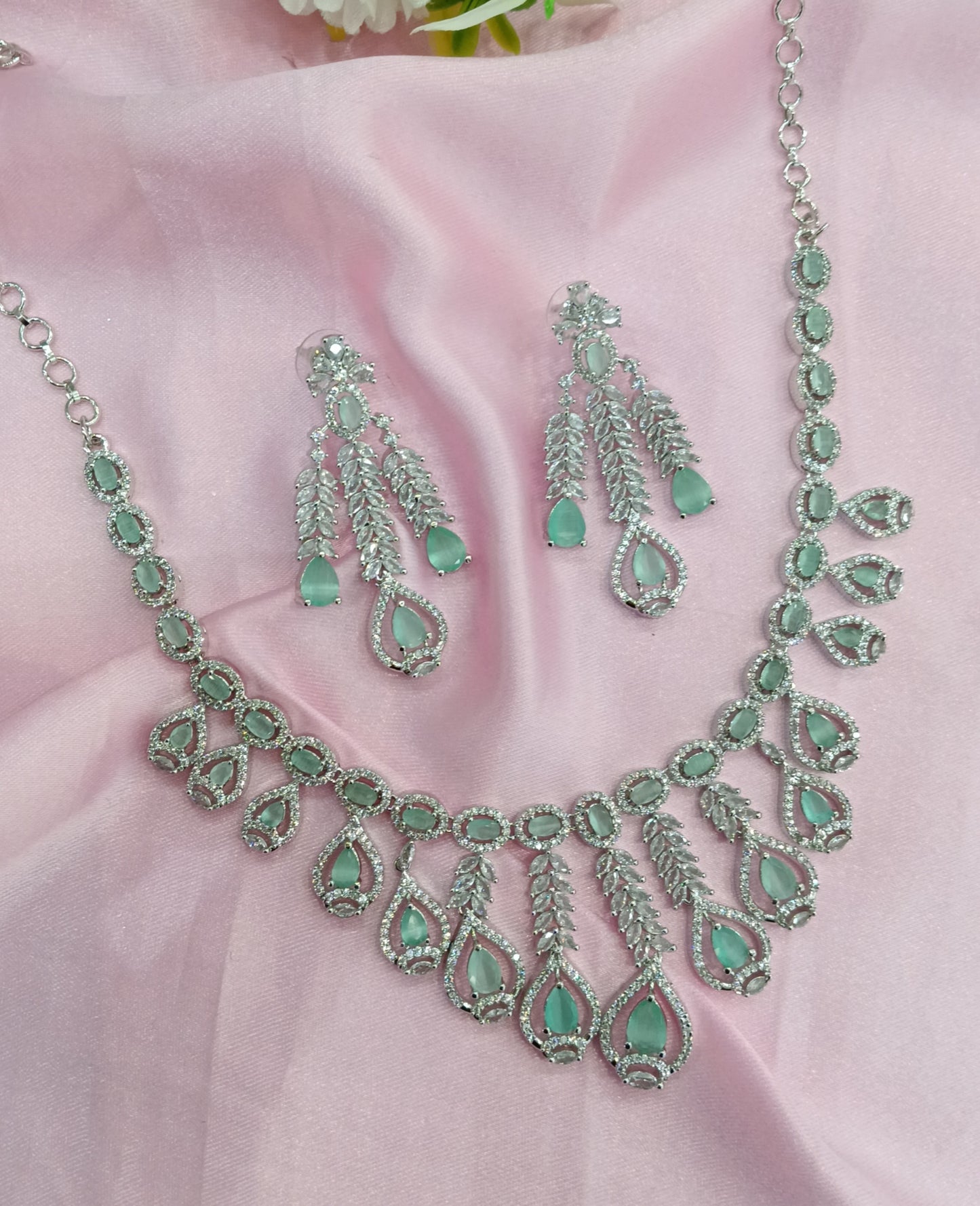 Silver Sea Green American Diamond Cz Necklace Jewellery Micki Set