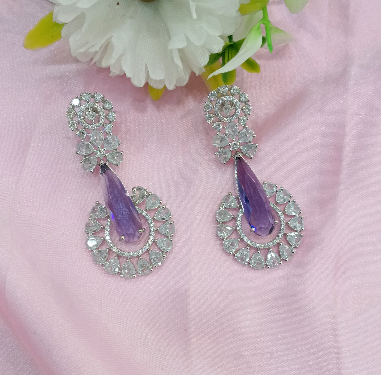 Silver Lavender Cz American Diamond Earrings Prince Jewellery Online