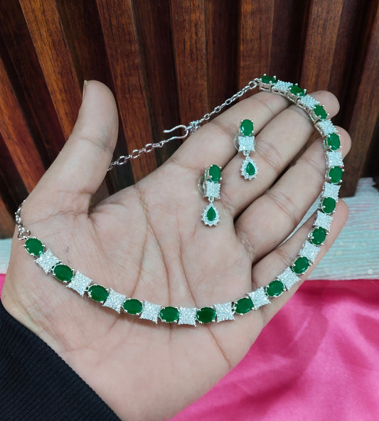 Green Silver CZ Necklace Jewellery Moscow Set