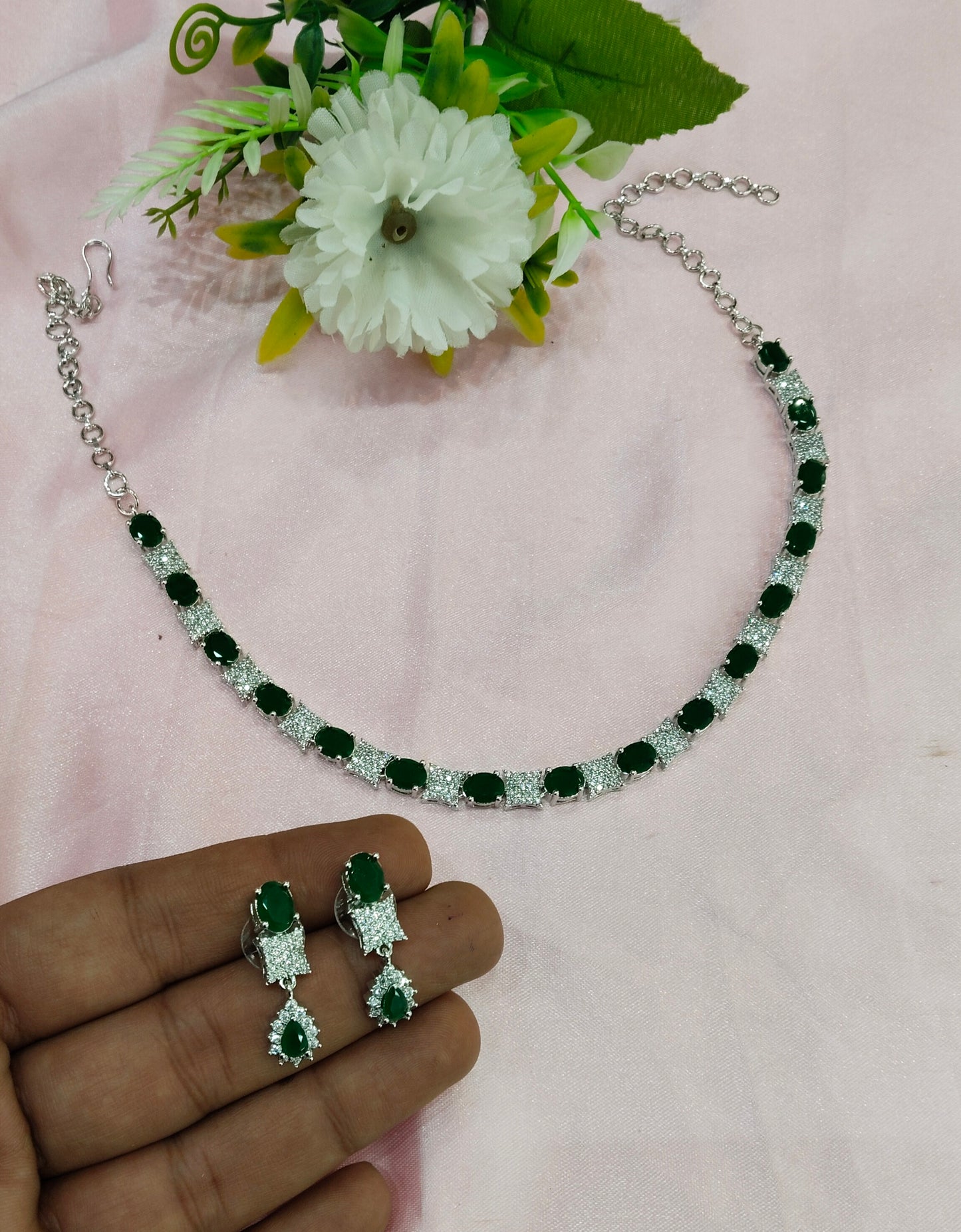 Green Silver CZ Necklace Jewellery Moscow Set