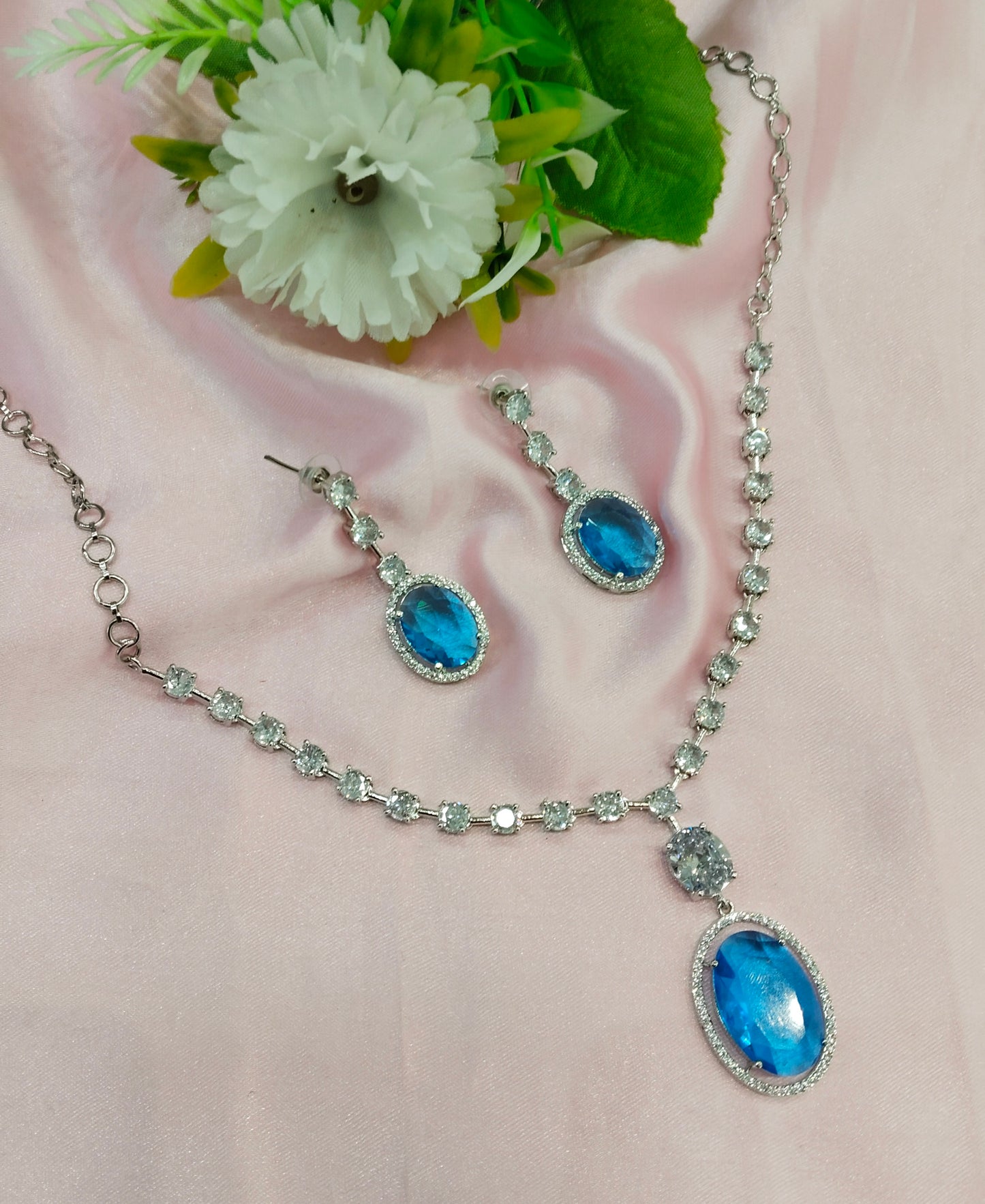 Sky Blue Silver CZ Necklace Jewellery Fairfield Set