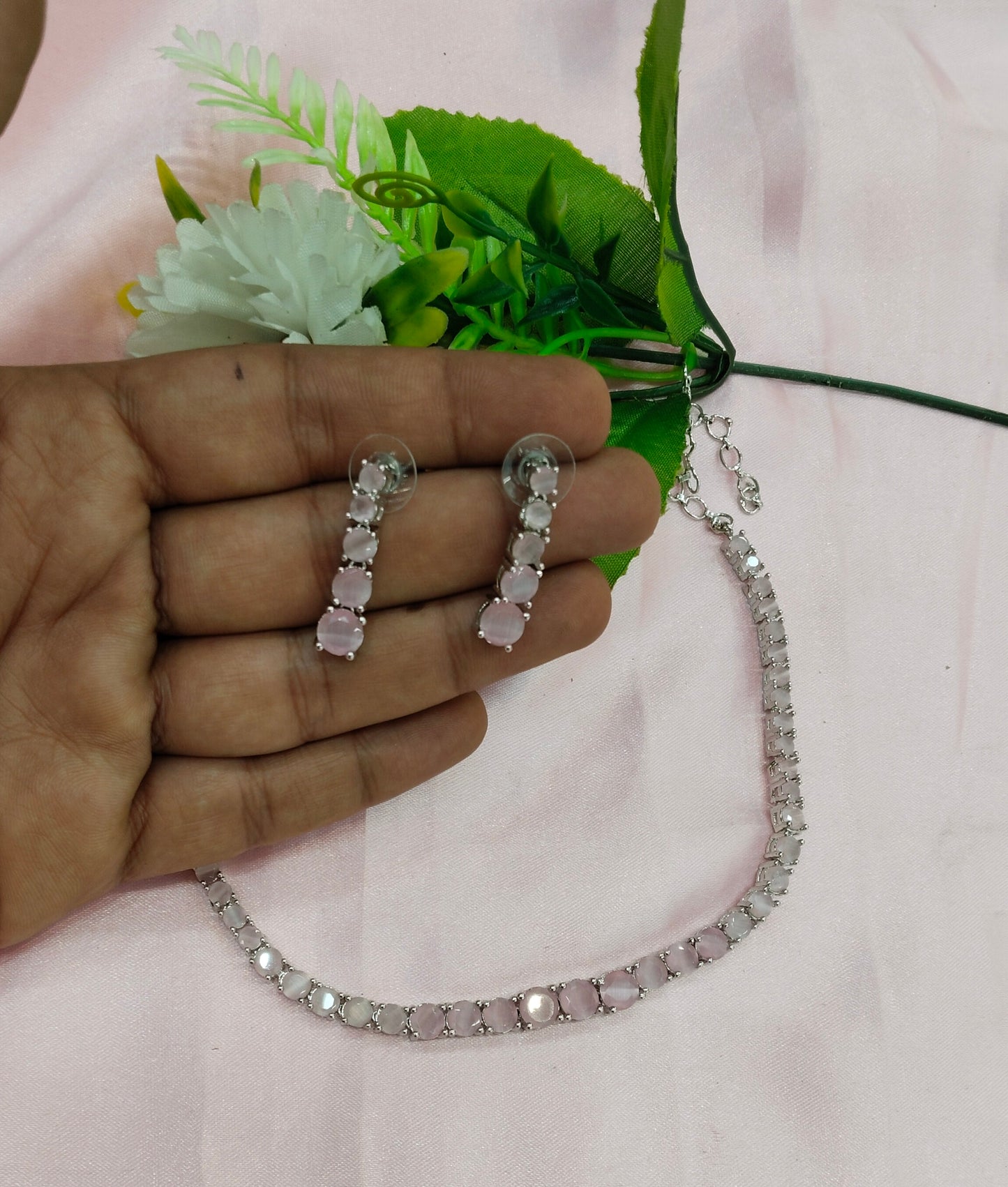 Pink Silver CZ Necklace Jewellery Dua Set