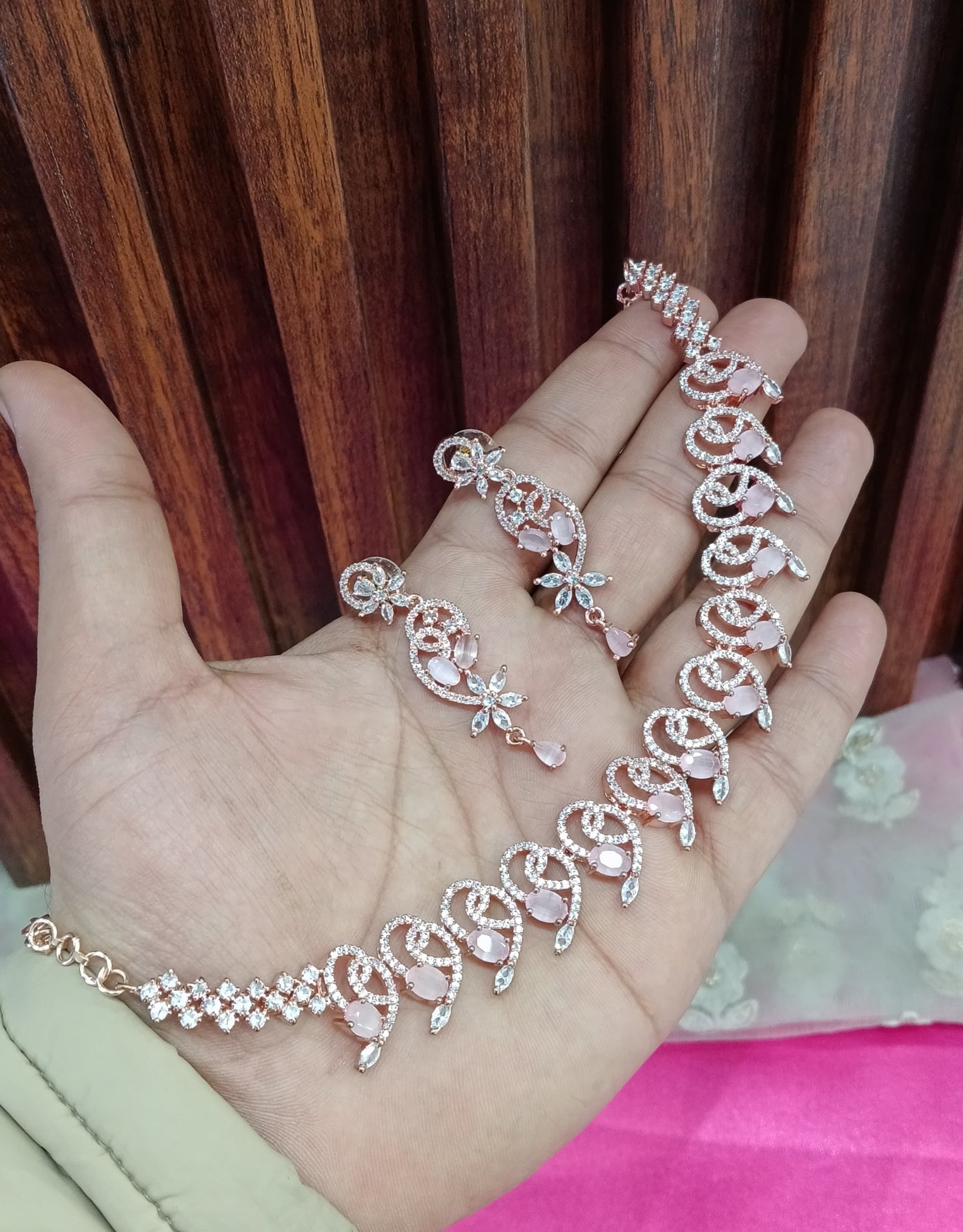 Rose Pink American Diamond Cz Necklace Jewellery Calm Set