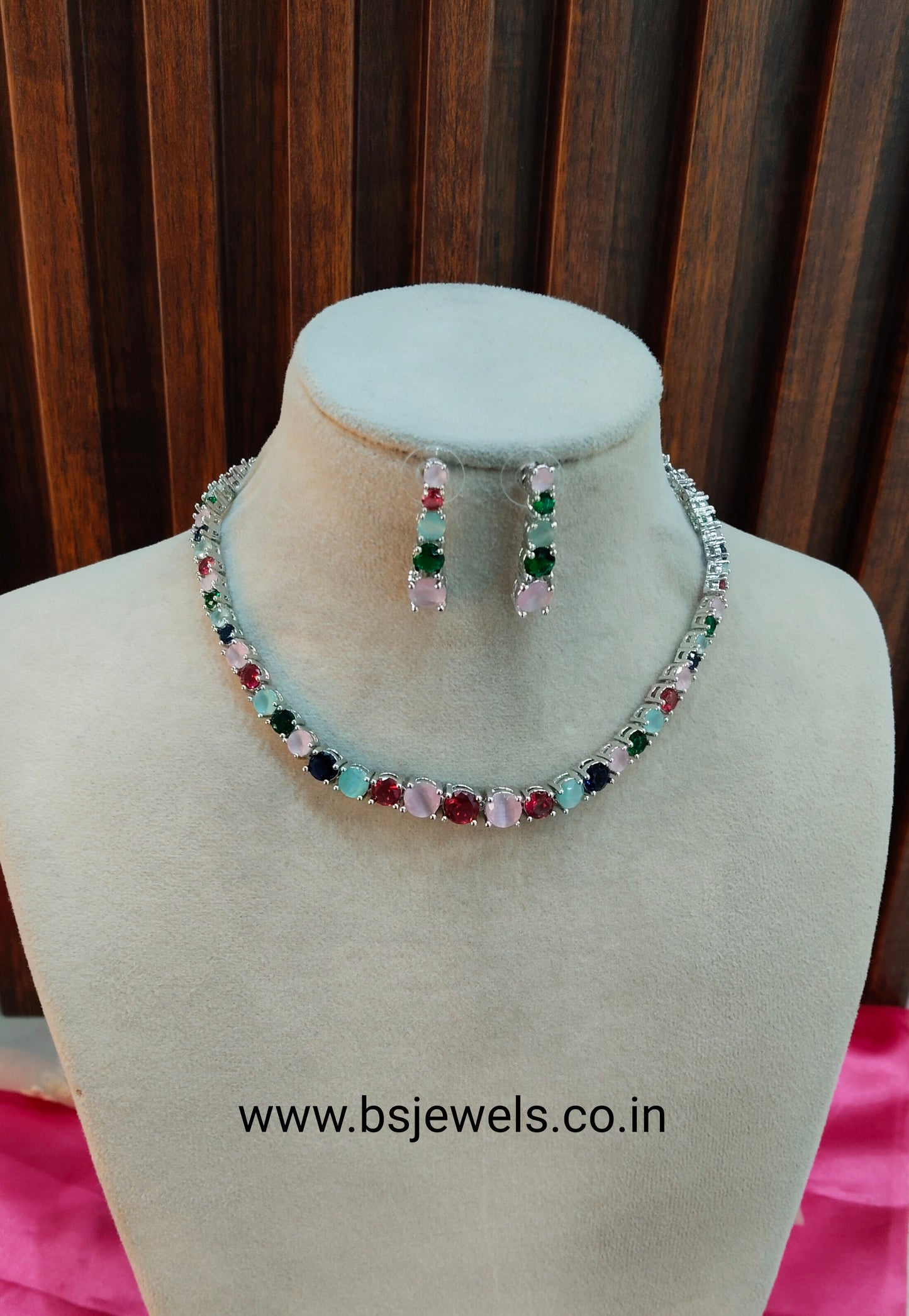 Multi Color Silver CZ Necklace Jewellery Dua Set