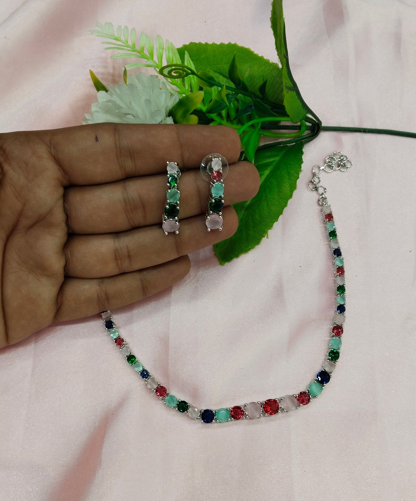 Multi Color Silver CZ Necklace Jewellery Dua Set