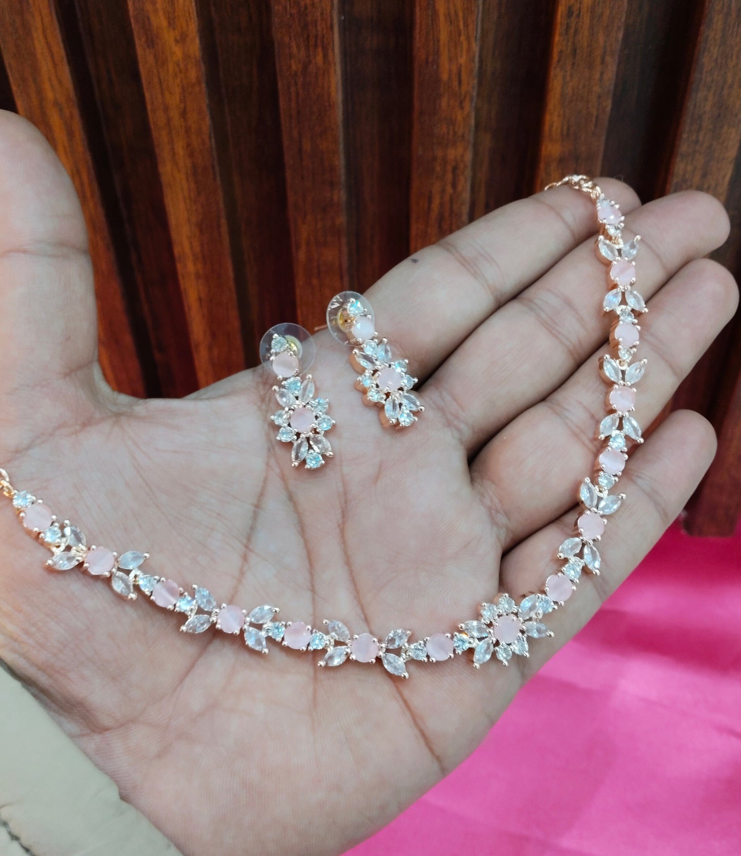 Pink Rose CZ Necklace Jewellery Frisco Set