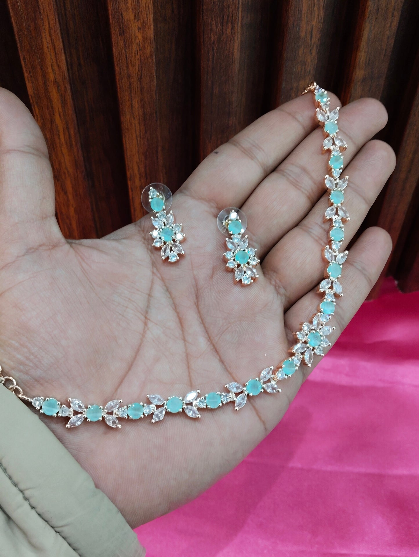 Pista Rose CZ Necklace Jewellery Frisco Set