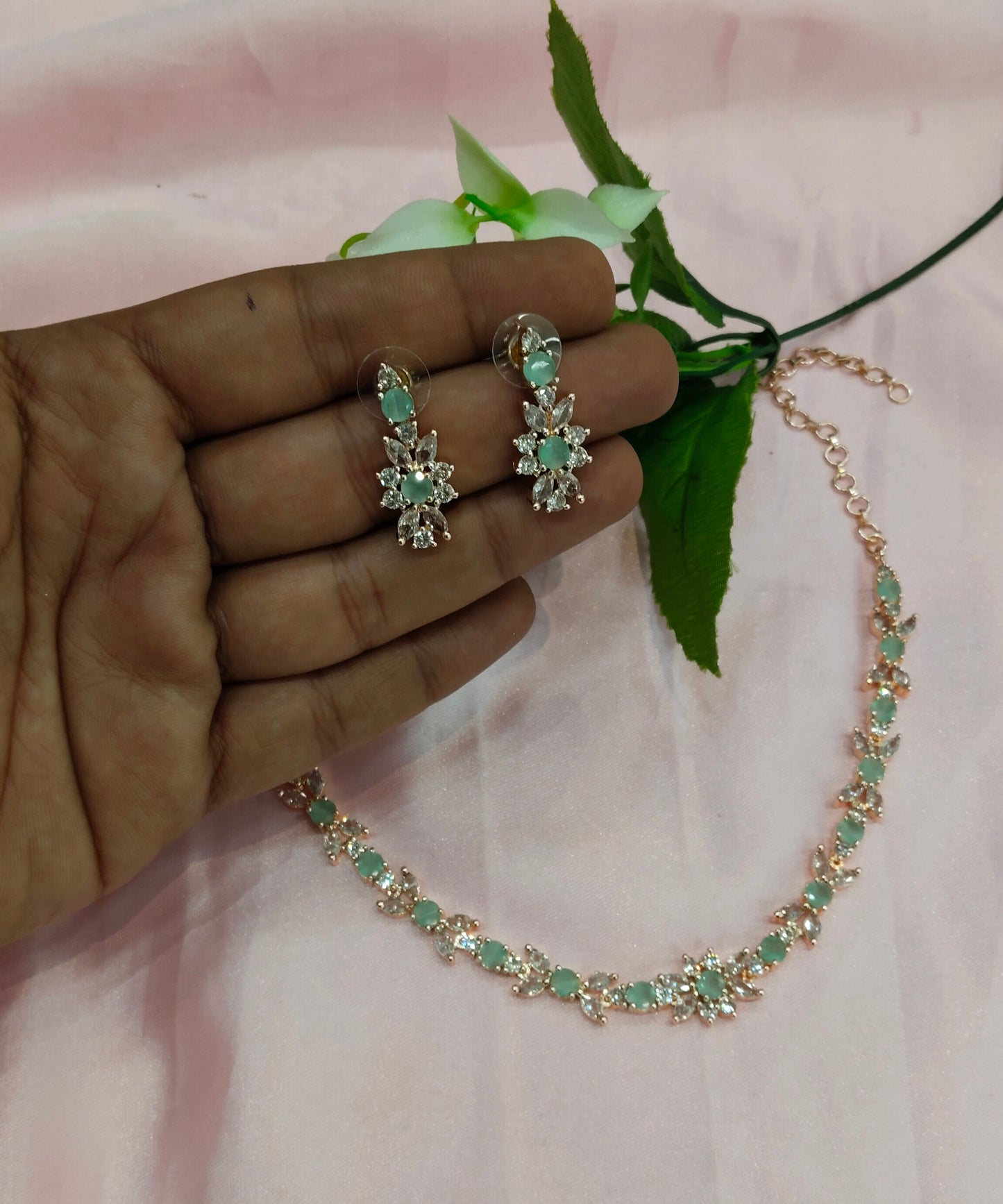 Pista Rose CZ Necklace Jewellery Frisco Set