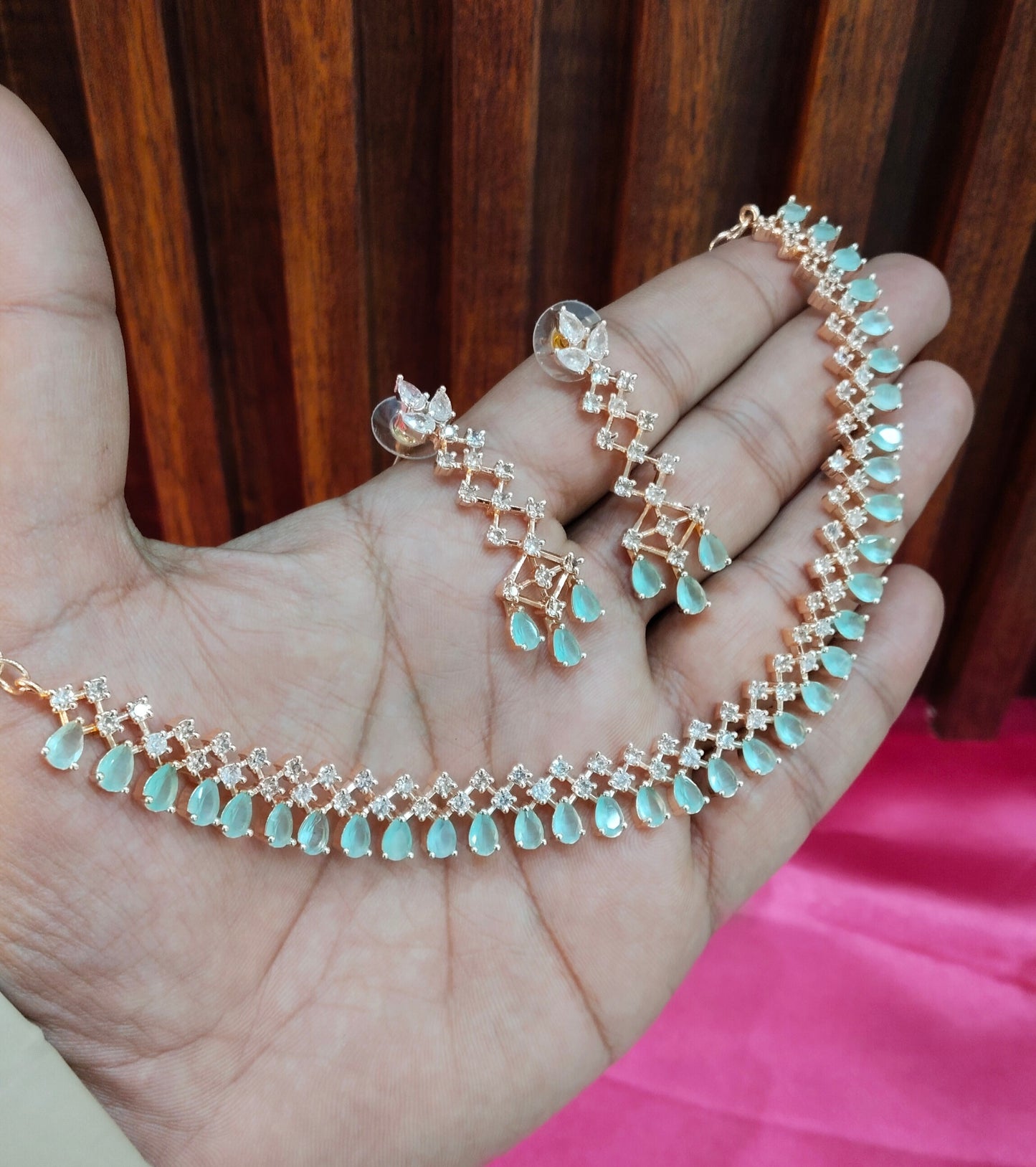 Pista Rose CZ Necklace Jewellery San Fransico Set