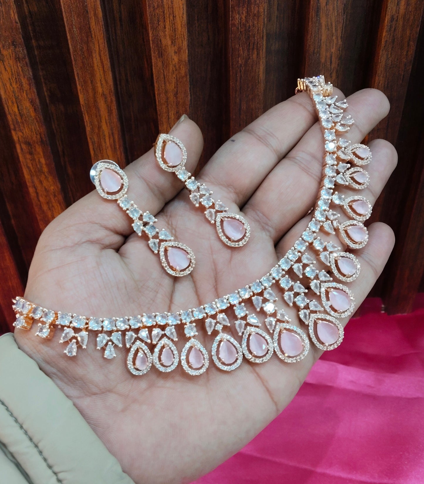 Pink Rose CZ Necklace Jewellery Music Set