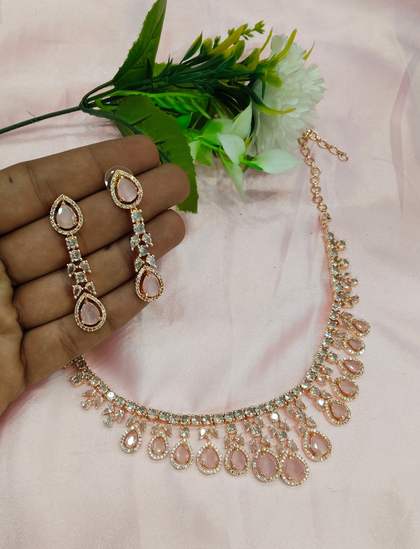 Pink Rose CZ Necklace Jewellery Music Set
