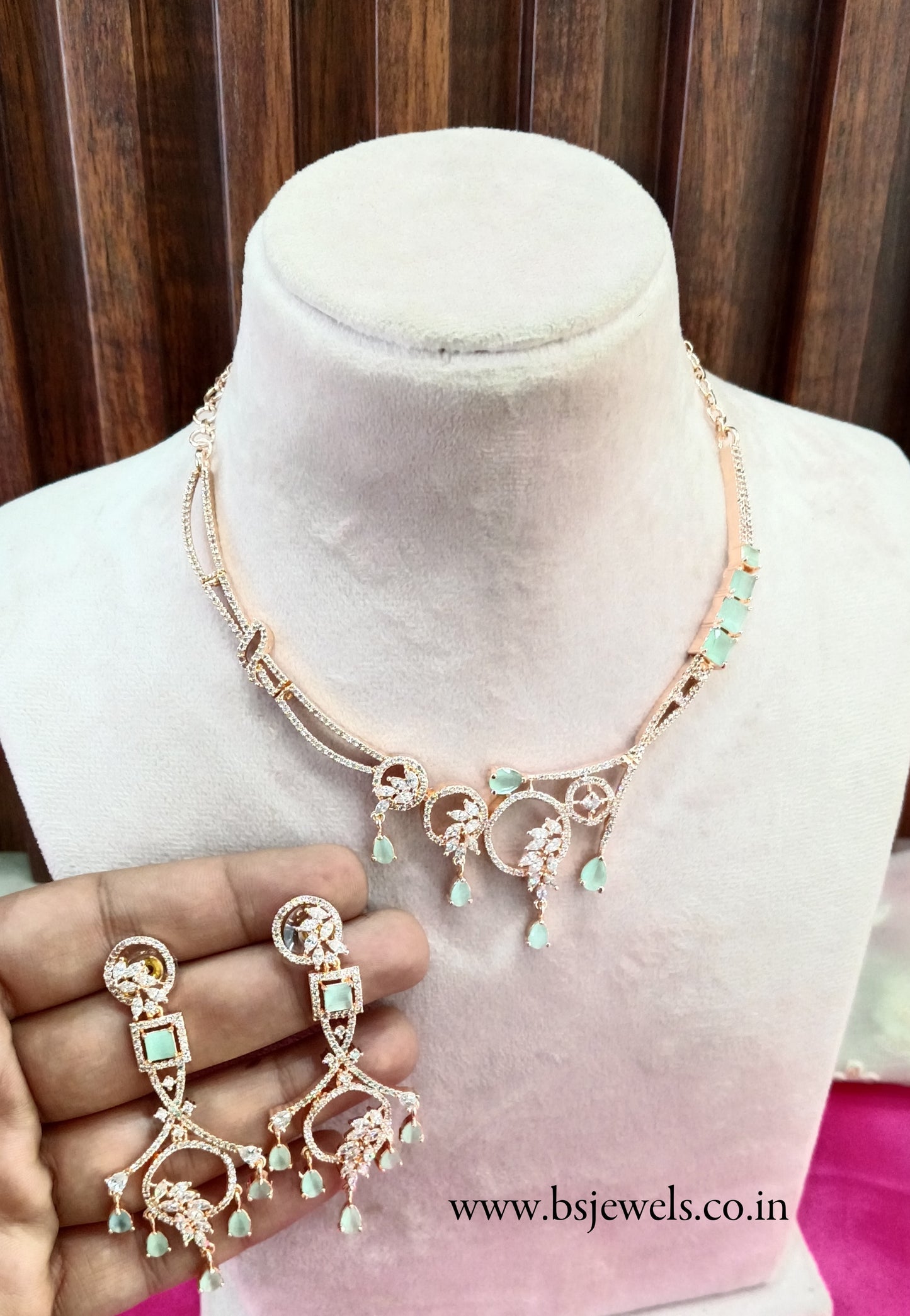 Silver Pista American Diamond Cz Necklace Jewellery keller Set