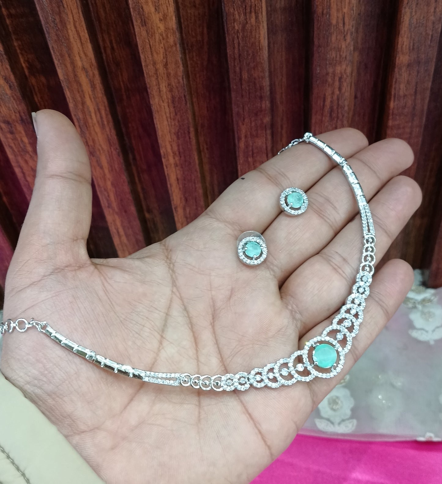 Silver Sea Green American Diamond Cz Necklace Jewellery Corpus Set